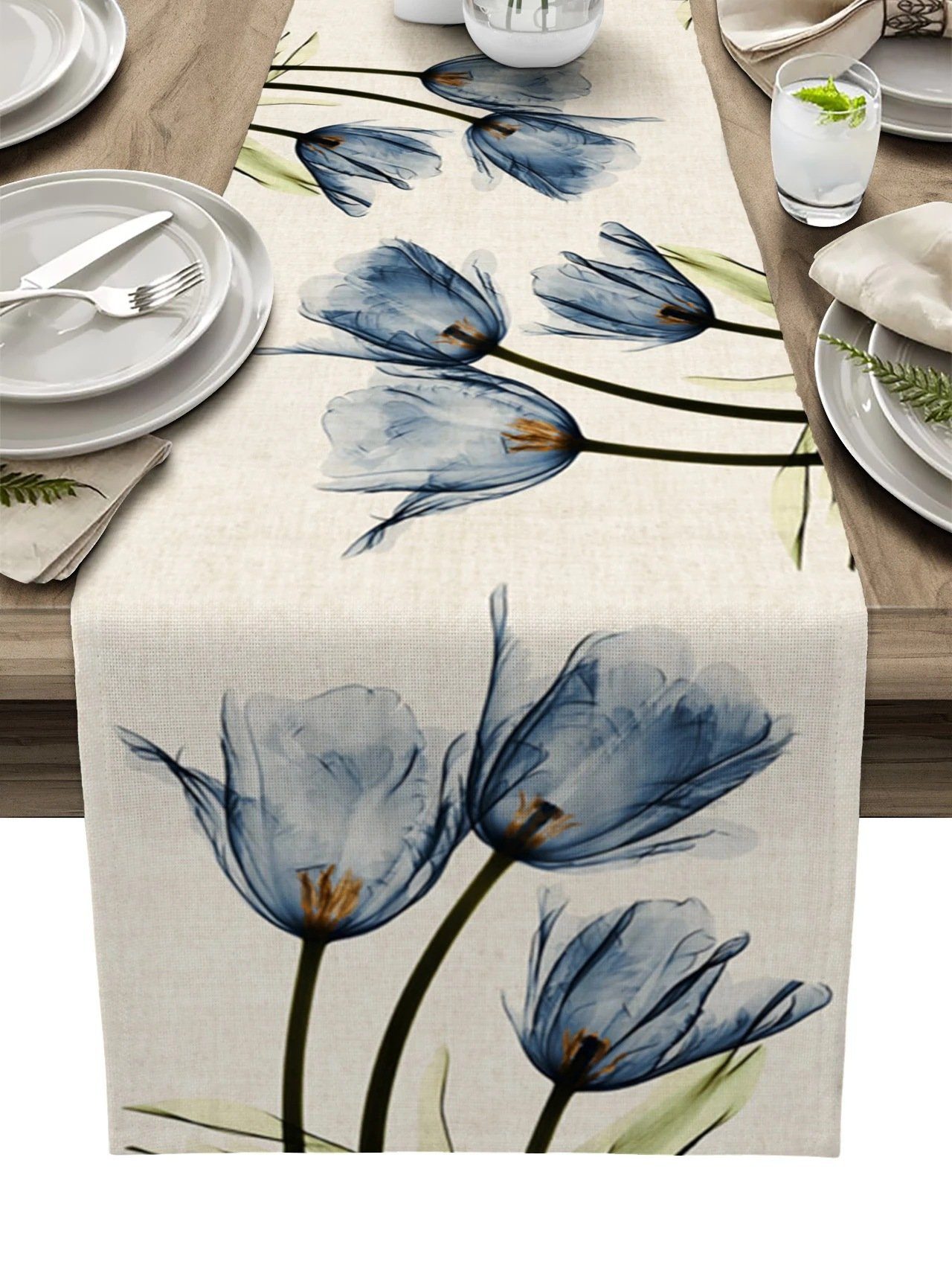FELIXLEO Blau Tischläufer Modern 33x183cm Blumen Tulpen Wohnzimmer rutschfest Tischläufer