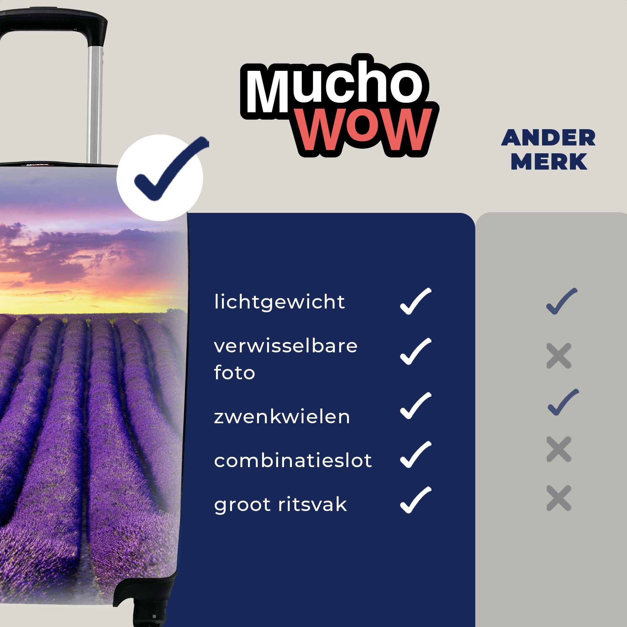 MuchoWow Handgepäckkoffer Lavendel 4 - mit Bpmen Reisetasche Handgepäck Sonnenuntergang Reisekoffer Trolley, rollen, - Rollen, Ferien, Hügel Lila, - für 