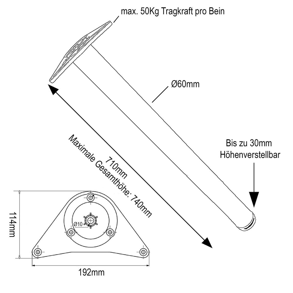 MS Beschläge Tischbein 4er Set Edelstahl-Optik 710mm Tischfüße Ø 60mm, höhenverstellbare Tischstempel Tischstützen mit Montageplatte – Bild 4 von 5