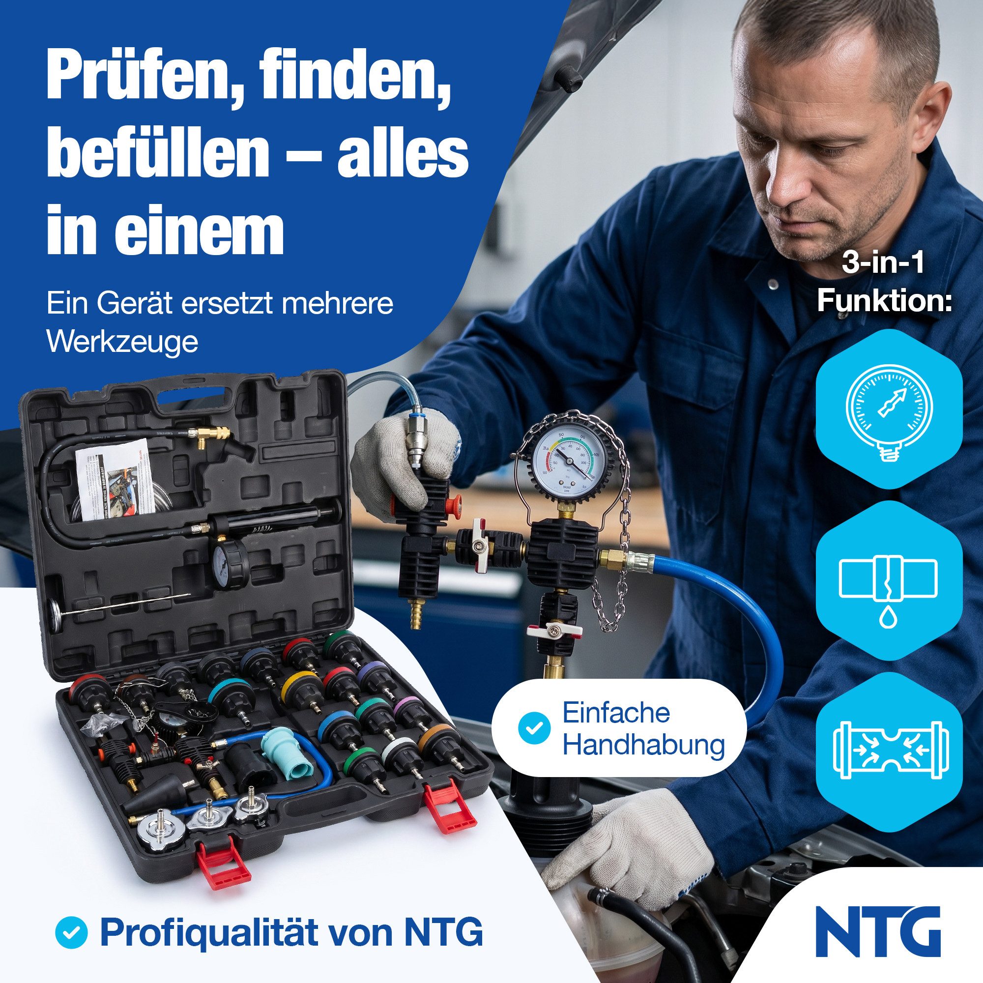 NTG Nutzfahrzeug Technik GmbH Multitool Kühlsystem Abdrückgerät 28 tlg Kühler Nachfüll-Set Prüfgerät, (Werkzeug Set Kfz PKW), Vakuum Kühlmittel Befüllgerät Entlüftungsgerät Set