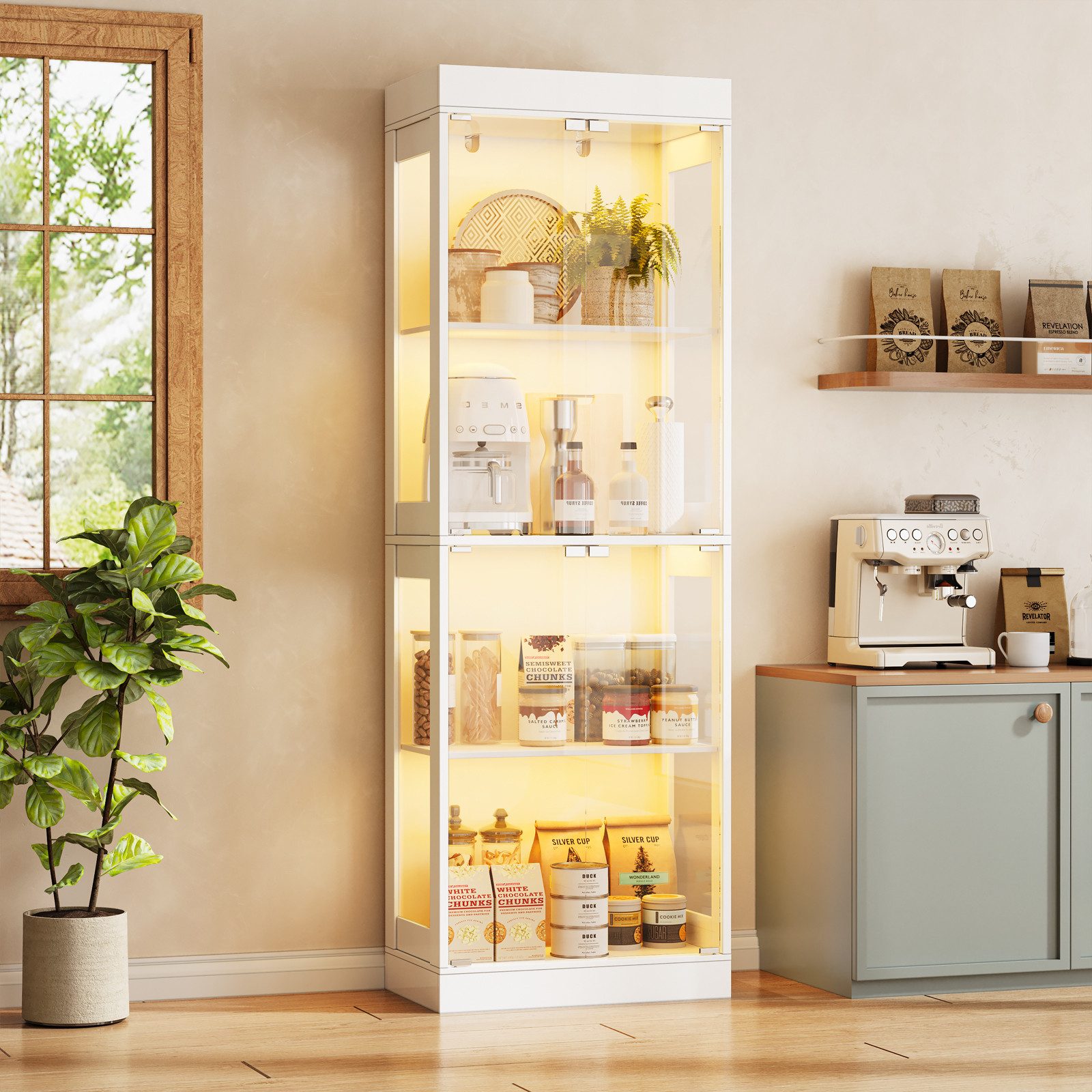 SVEYLXA Vitrine Beleuchtete LED Vitrine mit Glastüren & Regalen in Weiß/Schwarz (1-St) für Wohnzimmer, Küche & Bad, 60×30×178cm – Bild 4 von 5