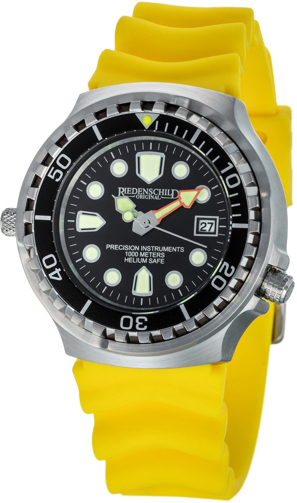 Riedenschild Taucheruhr RS9000-16, 100 ATM Wasserdicht, Gelbes Silikonarmband, 46 mm, Edelstahlgehäuse, Heliumventil, Saphirglas, Profiuhr für Taucher