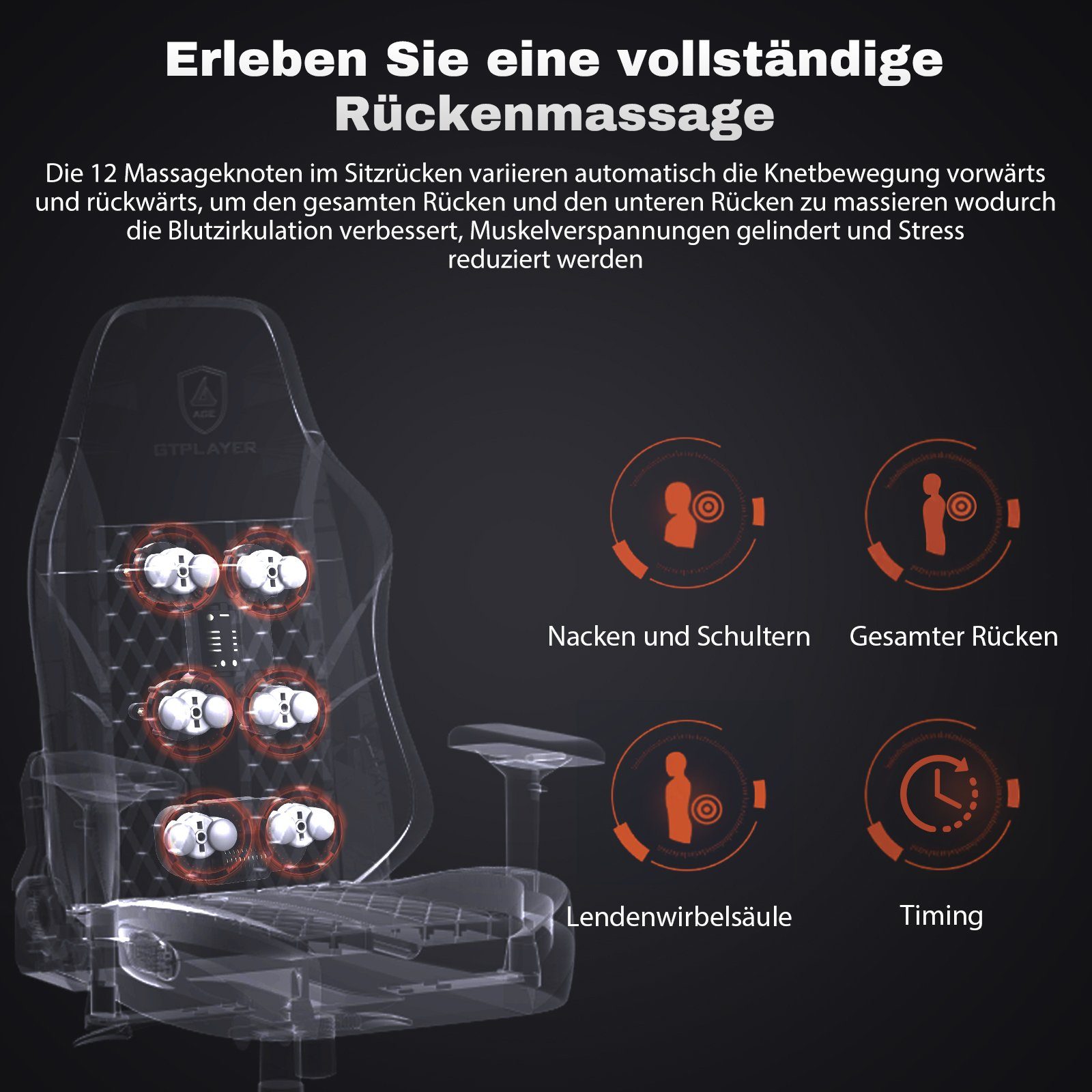 GTPLAYER Gaming-Stuhl mit Massage, Gamer Stuhl mit Taschenfederkissen Fußstütze, Ergonomischer Gaming Sessel Bürostuhl 4D Armlehnen