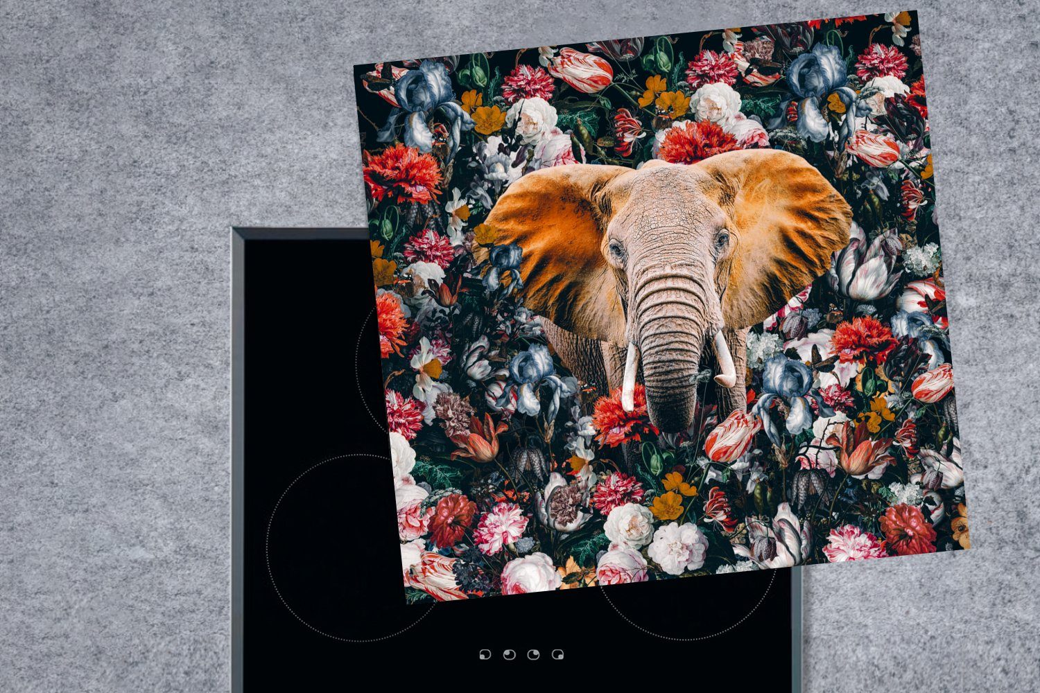 Ceranfeldabdeckung, Herdblende-/Abdeckplatte Elefant cm, Vinyl, küche für Tasse, Blumen - - Arbeitsplatte MuchoWow (1 78x78 tlg),