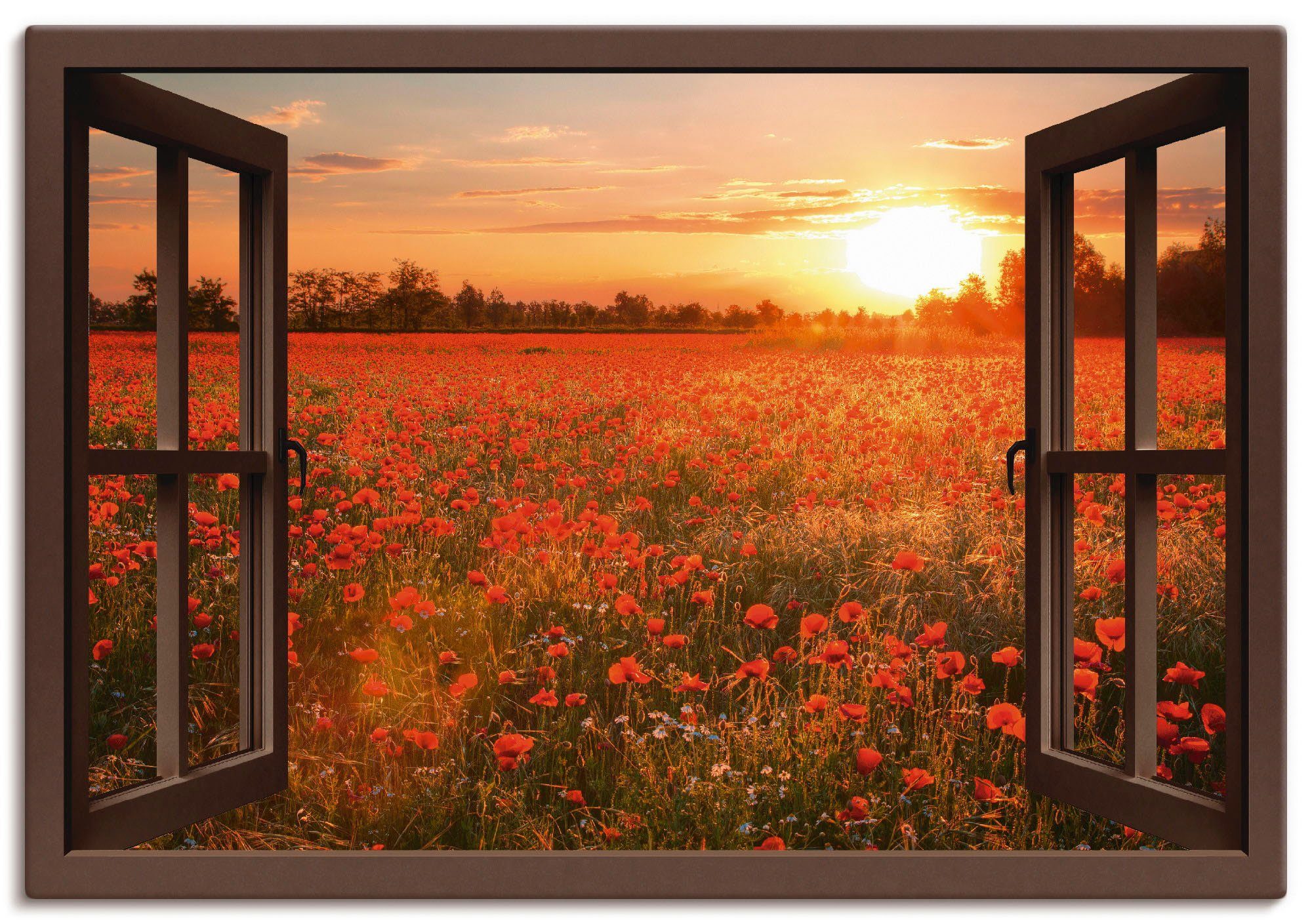 Artland Wandbild Fensterblick Mohnblumenfeld, Blumen (1 St), als Alubild,  Leinwandbild, Wandaufkleber oder Poster in versch. Größen, Fertig zum  Aufhängen für einfache Montag
