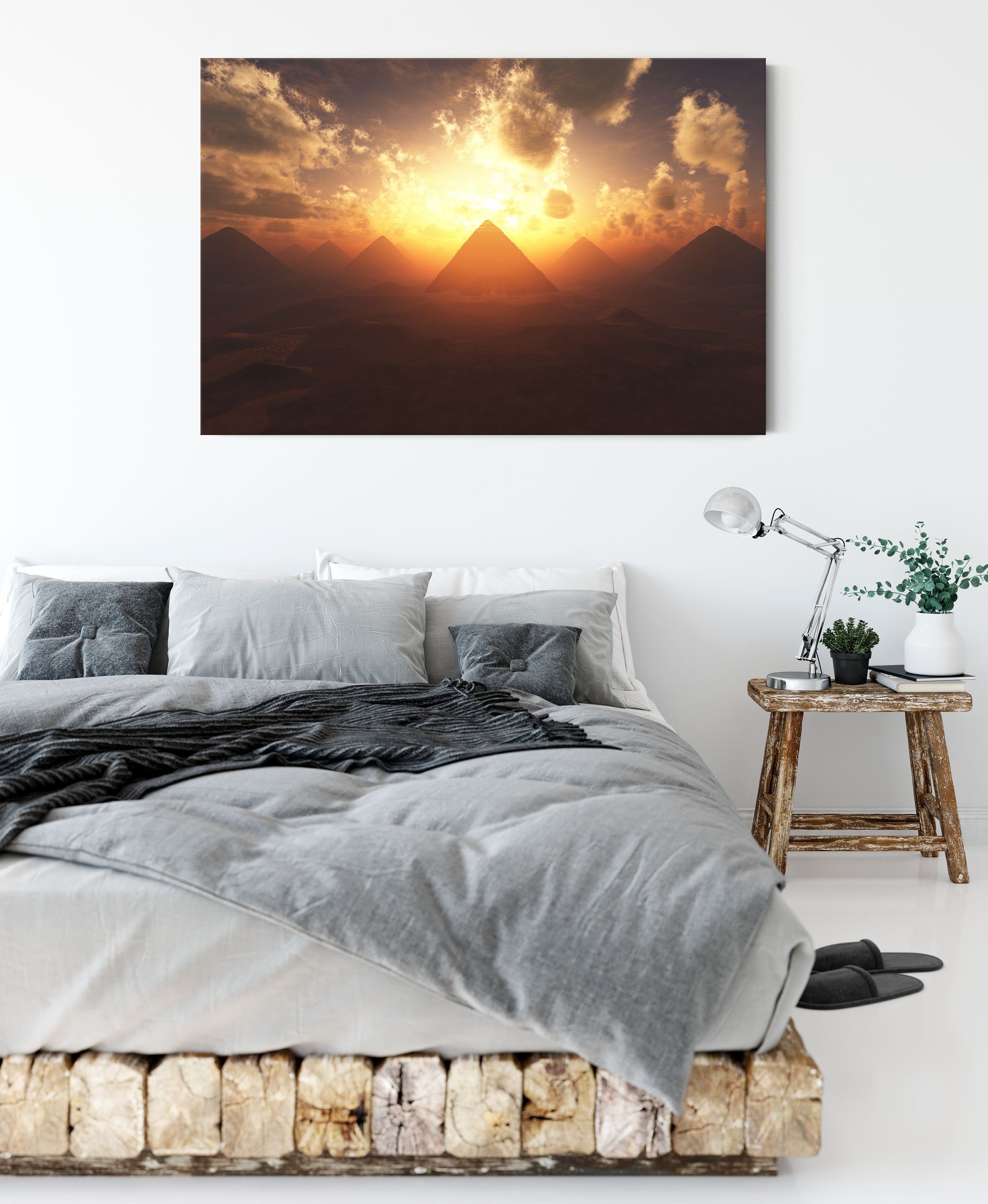 (1 beim Zackenaufhänger St), Sonnenuntergang Leinwandbild Sonnenuntergang, beim bespannt, Pyramiden Leinwandbild Pyramiden fertig inkl. Pixxprint