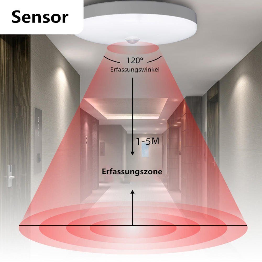 Insma Deckenleuchte, LED fest integriert, Bewegungsmelder 12W Kaltweiß, Flur Flurlampe mit Sensor Ø22CM Badezimmer, für
