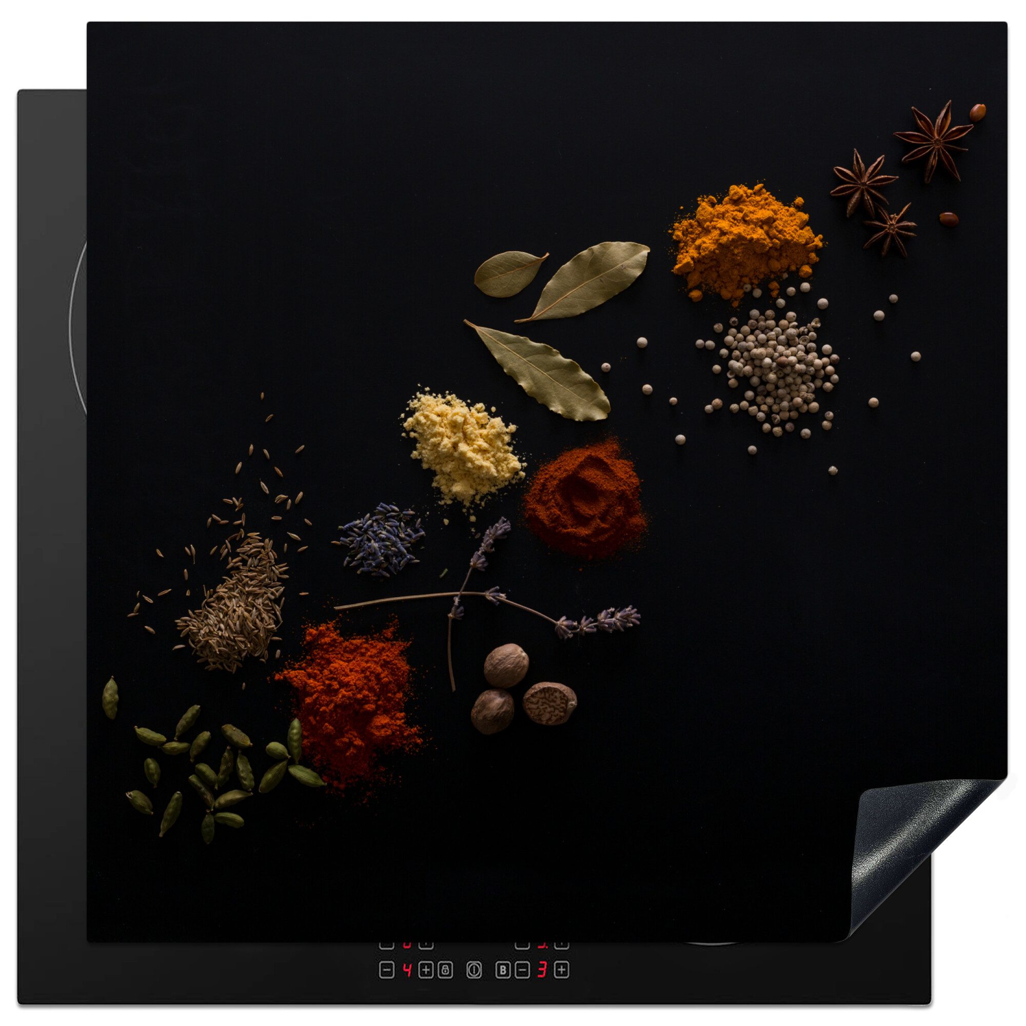 MuchoWow Herd-Abdeckplatte Kräuter - Schwarz - Gewürze - Küche - Kochen, Vinyl, (1 tlg), Küche Herdabdeckung Ceranfeld Induktionsfeld Vinyl, 60x60 cm