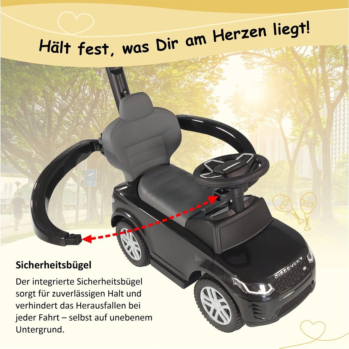 Lemodo Rutscherauto Land Rover mit Schiebestange, Kinderfahrzeug mit Soundlenkrad, 65x28x41cm, ab 12 Monate, offiziell lizenziert – Bild 5 von 5