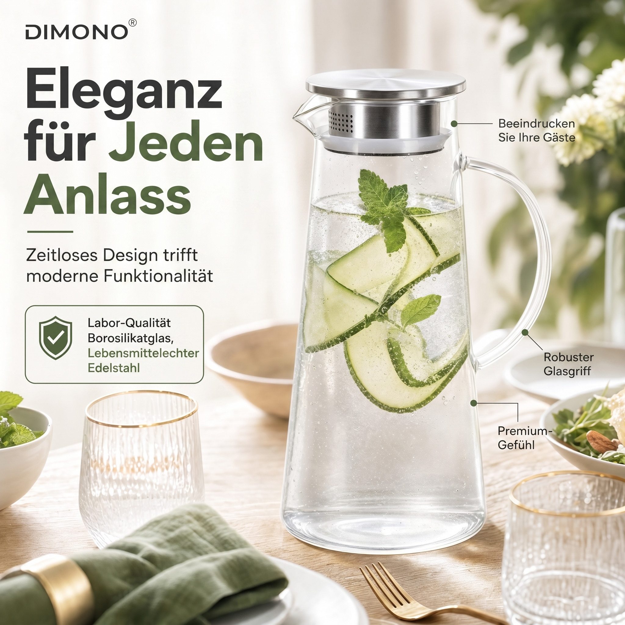Dimono Wasserkaraffe Dimono Wasserkaraffe 1,5L – Glas Wasserkrug mit Edelstahlfilter, (1,5 Liter, Glas-Krug), Getränkekaraffe für heißes & kaltes Wasser