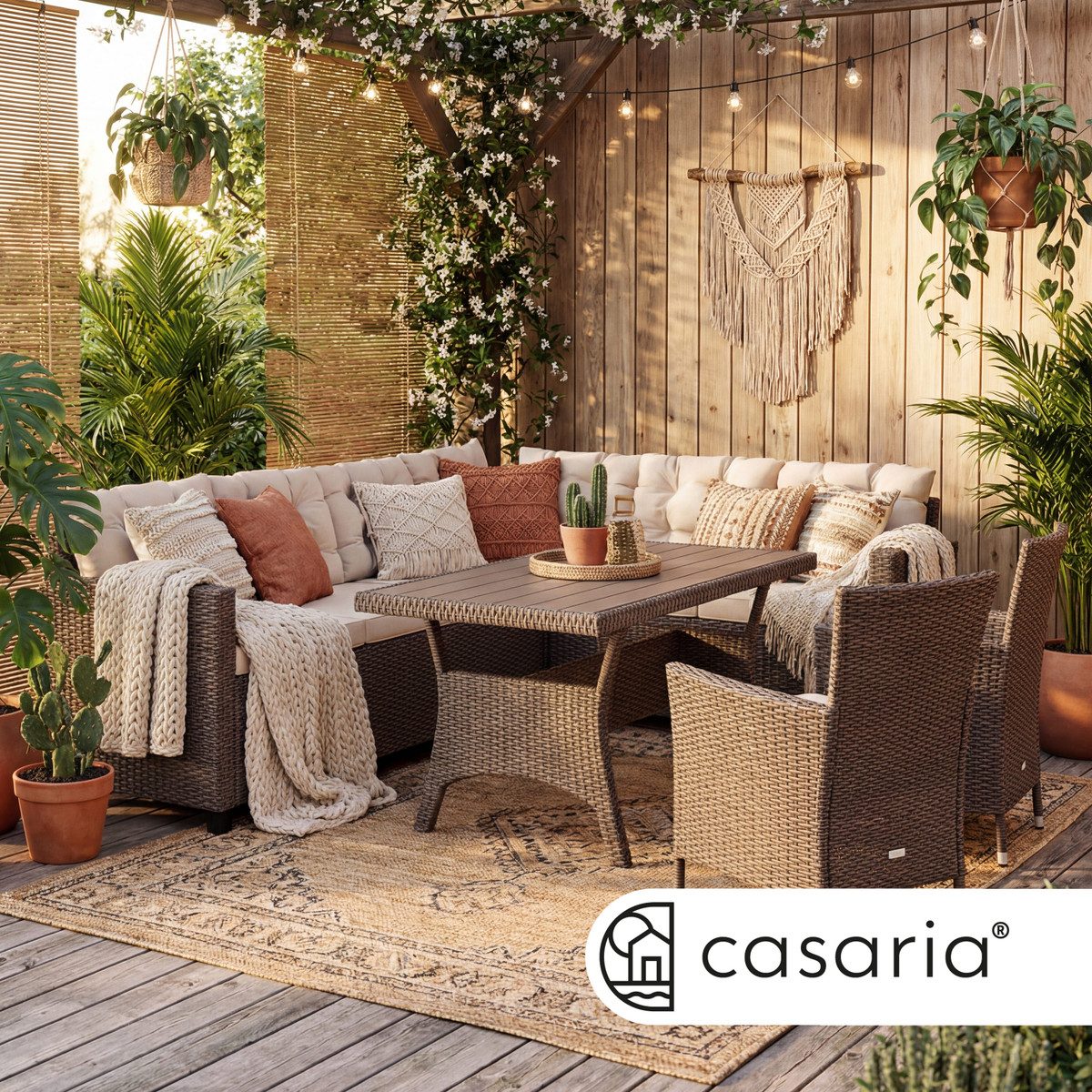 Casaria Gartenlounge-Set Lissabon, (17-tlg), Polyrattan WPC Esstisch Eckbank Gartenstühle 15cm Kissen 7cm Auflagen