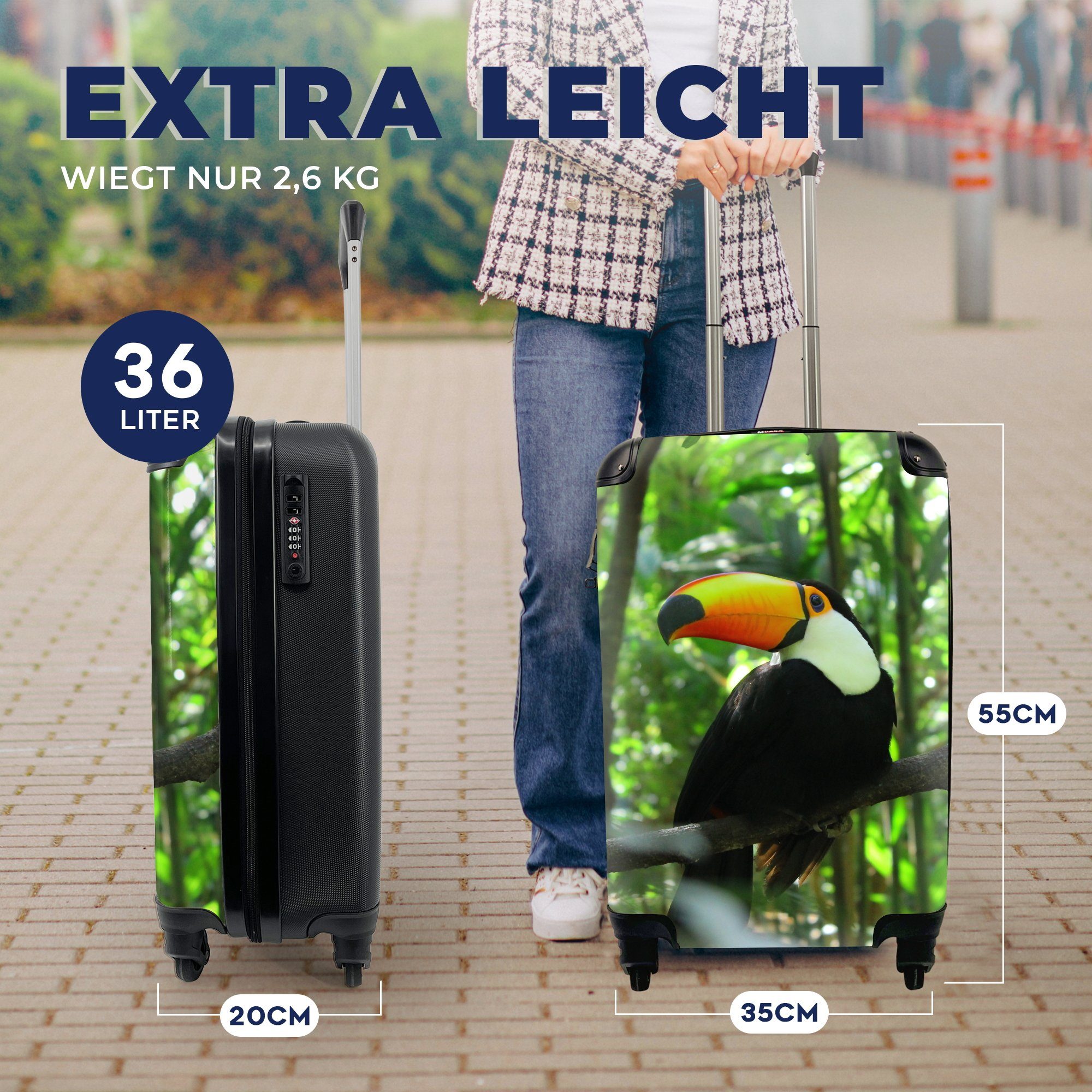 Reisetasche mit MuchoWow Ferien, Baum, Handgepäck im 4 Trolley, für rollen, Tukan Handgepäckkoffer Reisekoffer Rollen,