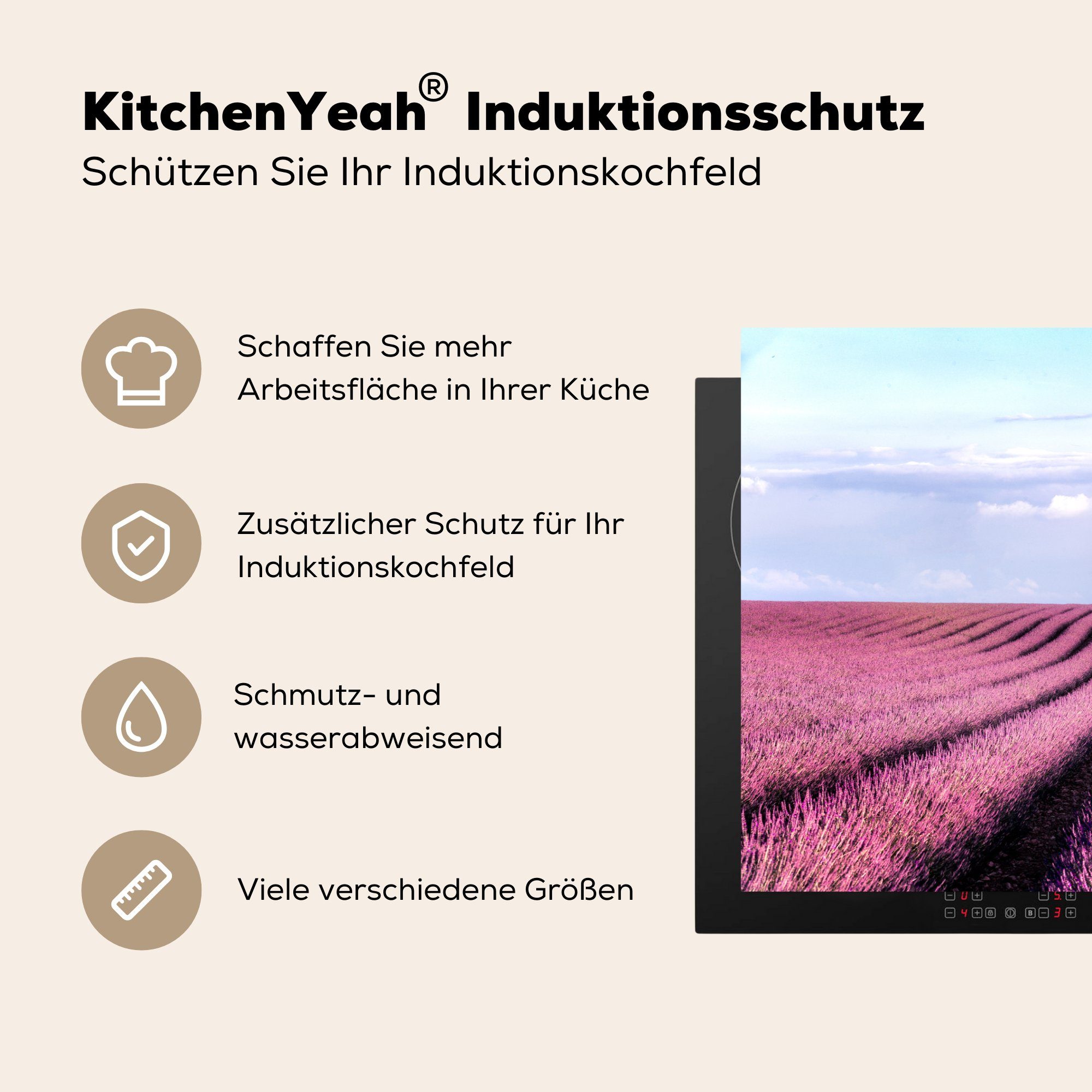 eines Baum Schutz Lavendelfeldes, der Nähe in Induktionskochfeld Ceranfeldabdeckung Einsamer küche, Herdblende-/Abdeckplatte die MuchoWow für 81x52 Vinyl, cm, (1 tlg),