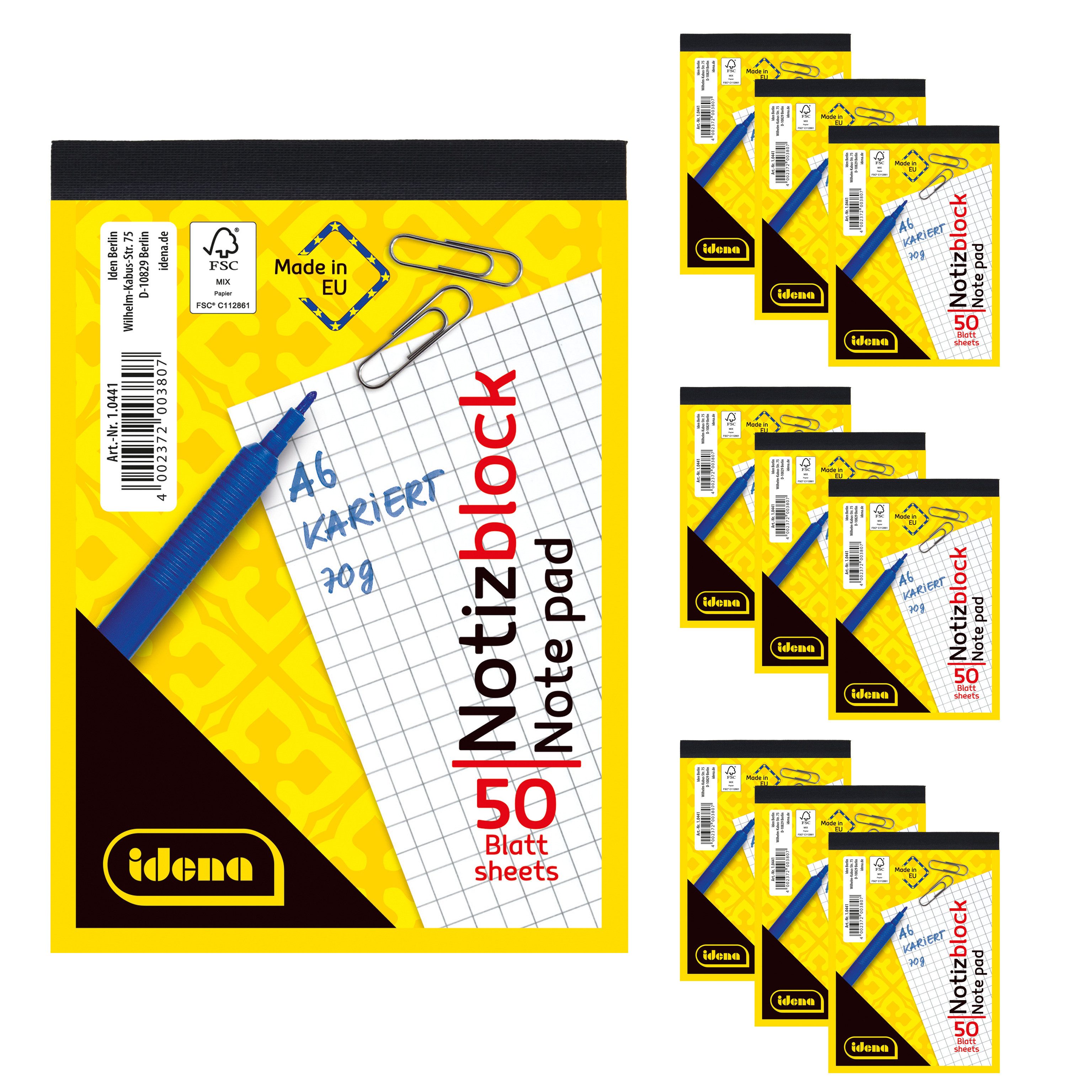 Idena Notizblock Idena Bundle Notizblock kariert 50 Blatt 70g/m² DIN A6 10 Stück