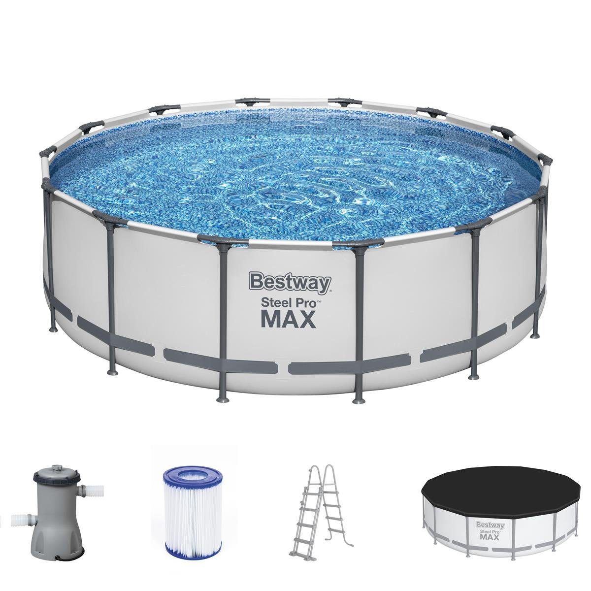 Bestway Framepool 5612X Frame Pool Set Steel Pro MAX (Komplett Set, 5-tlg., Pool, Leiter, Pumpe, Kartusche, Plane), robust und langlebig