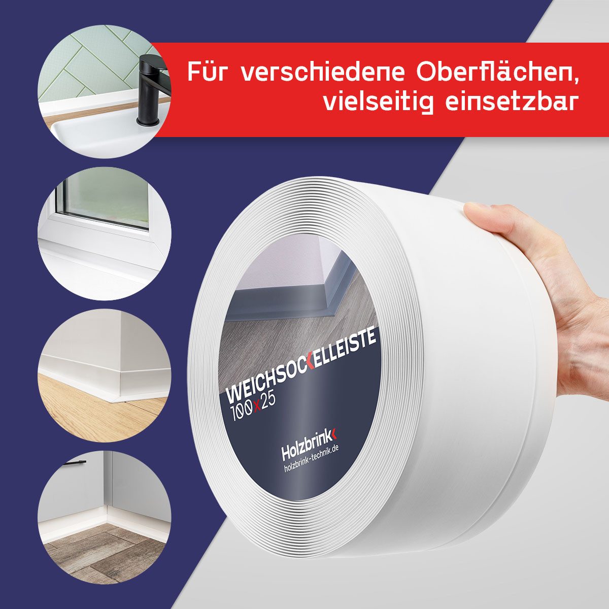 HOLZBRINK Sockelleiste HOLZBRINK selbstklebend PVC 100x25mm, 1 m, L: 100 cm, 1m Rolle, Küchenleiste Abschlussleiste für Badezimmer Farbe: Weiß