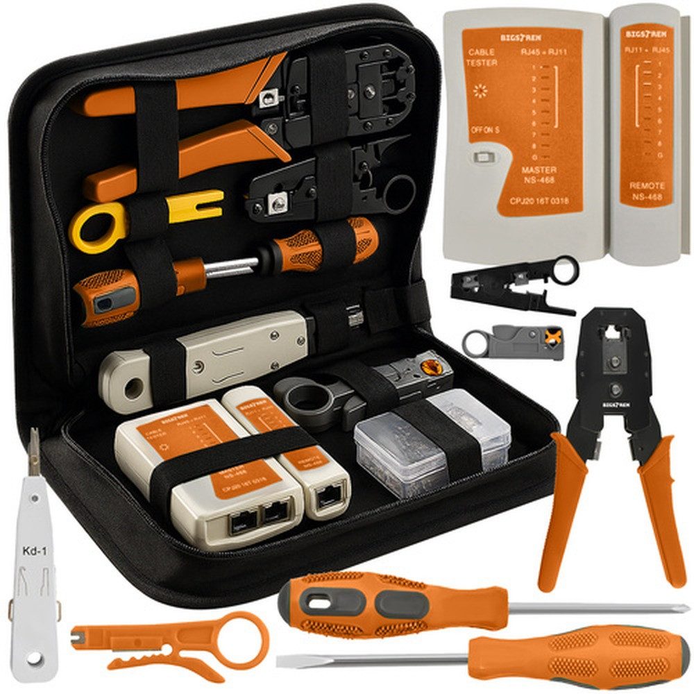 BIGSTREN Strommessgerät Kabeltester Netzwerk-Kit, Spar-Set, Toolkits, Komplettset inkl. Crimpzange (4/6/8P), Abisolierer, Pusher, uvm.