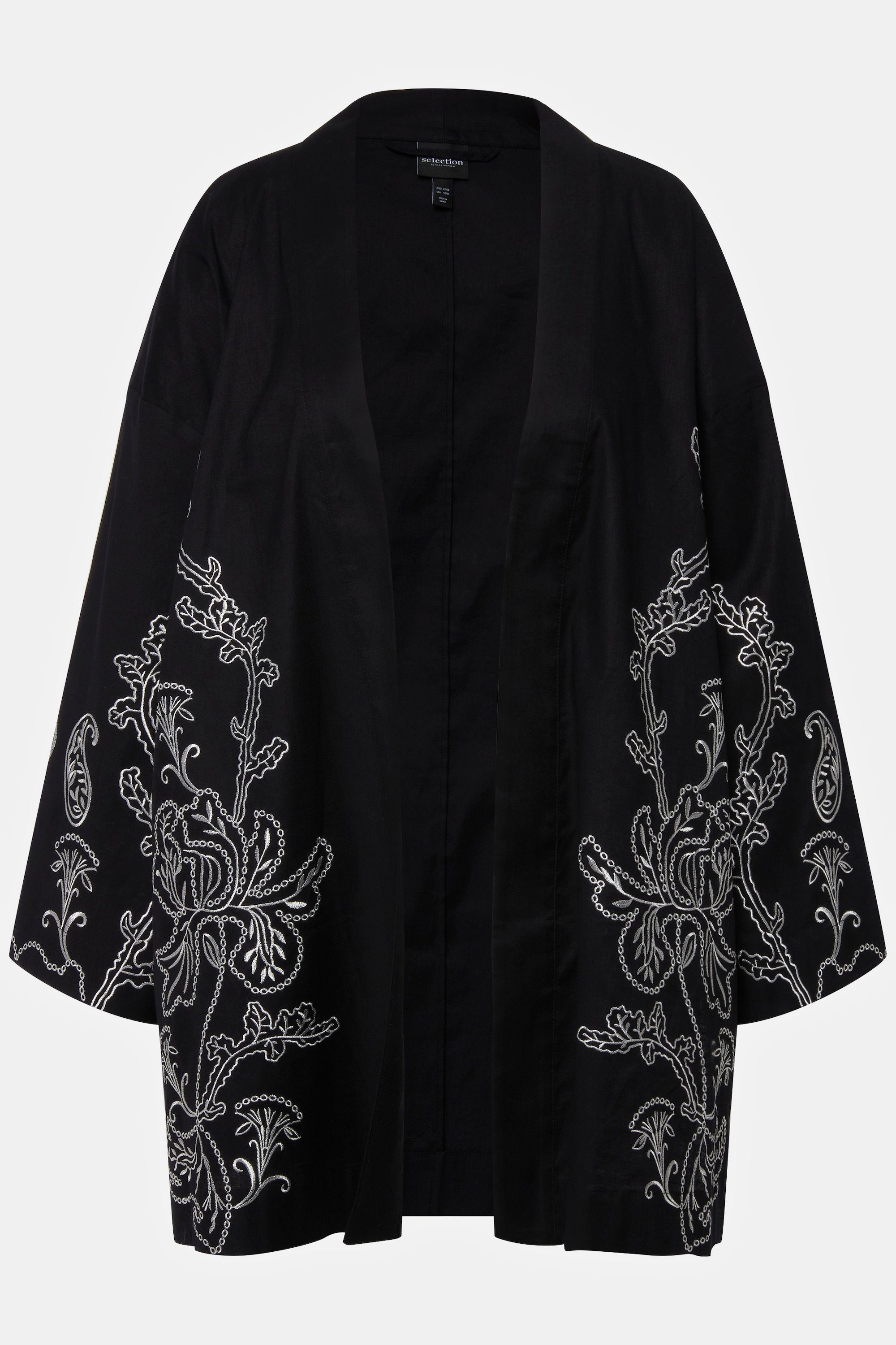 offene Kimono-Jacke Leinenmix Materialmix Langform, Ulla Popken Kimono Form, Stickerei