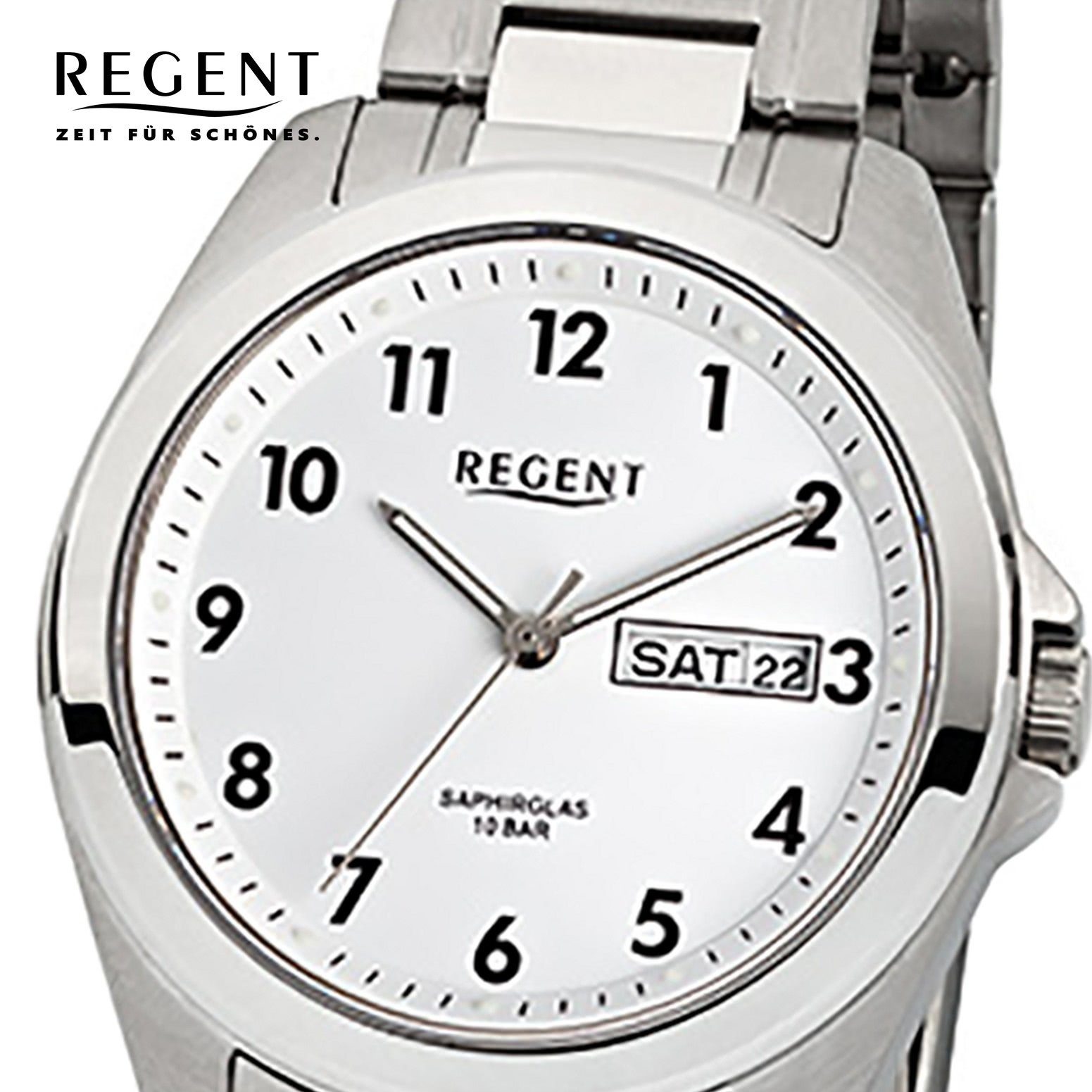 mittel Edelstahlarmband Quarzuhr Herren-Armbanduhr 38mm), silber Armbanduhr (ca. Analog, Regent weiß Herren Regent rund,