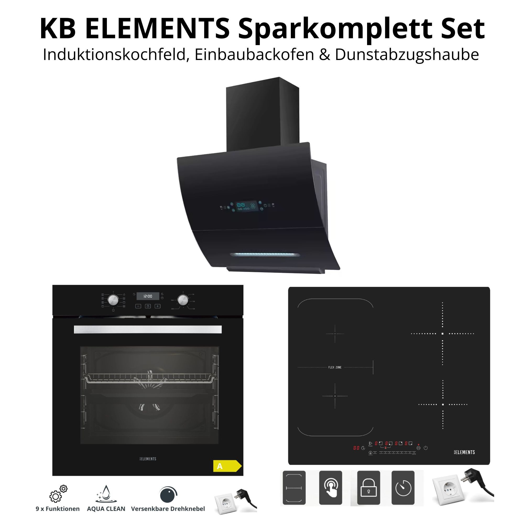 Induktions Herd-Set KB-ELEMENTS Herdset Backofen 60cm, Induktionskochfeld mit Stecker 60cm