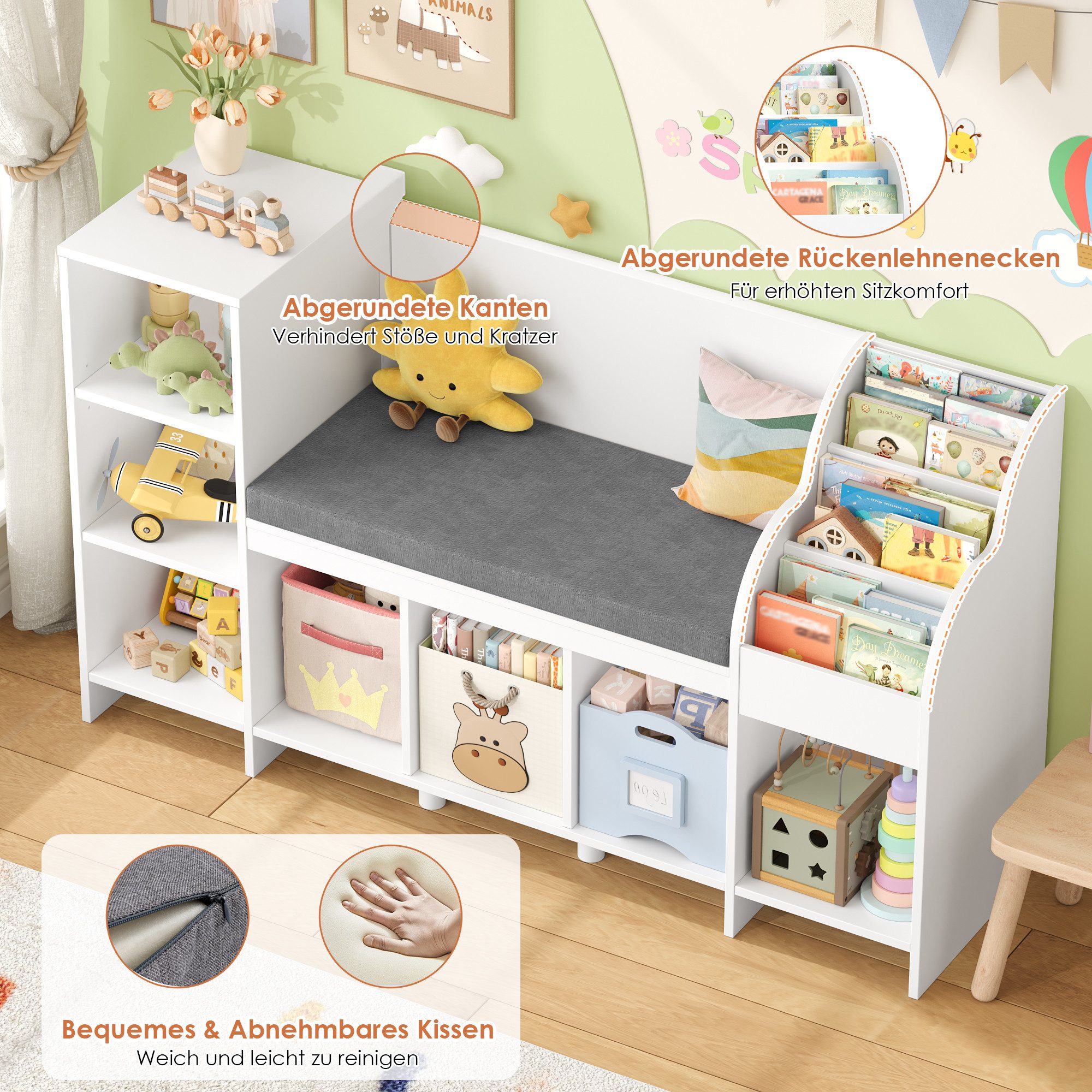 HOMECHO Spielzeugtruhe, Bücherregal Kinder mit Kissen und 7 Ablagefächern Weiß