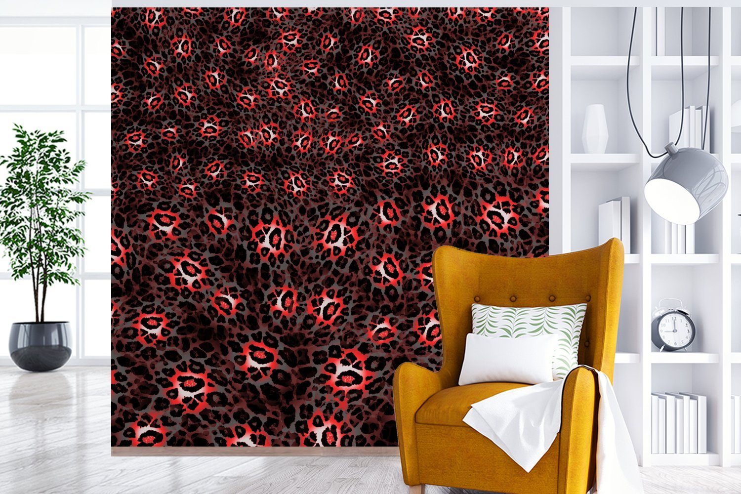 - Wohnzimmer Muster, Tapete bedruckt, Wandtapete für Schlafzimmer, oder Vinyl Matt, St), Leopard Rot - MuchoWow Fototapete (5