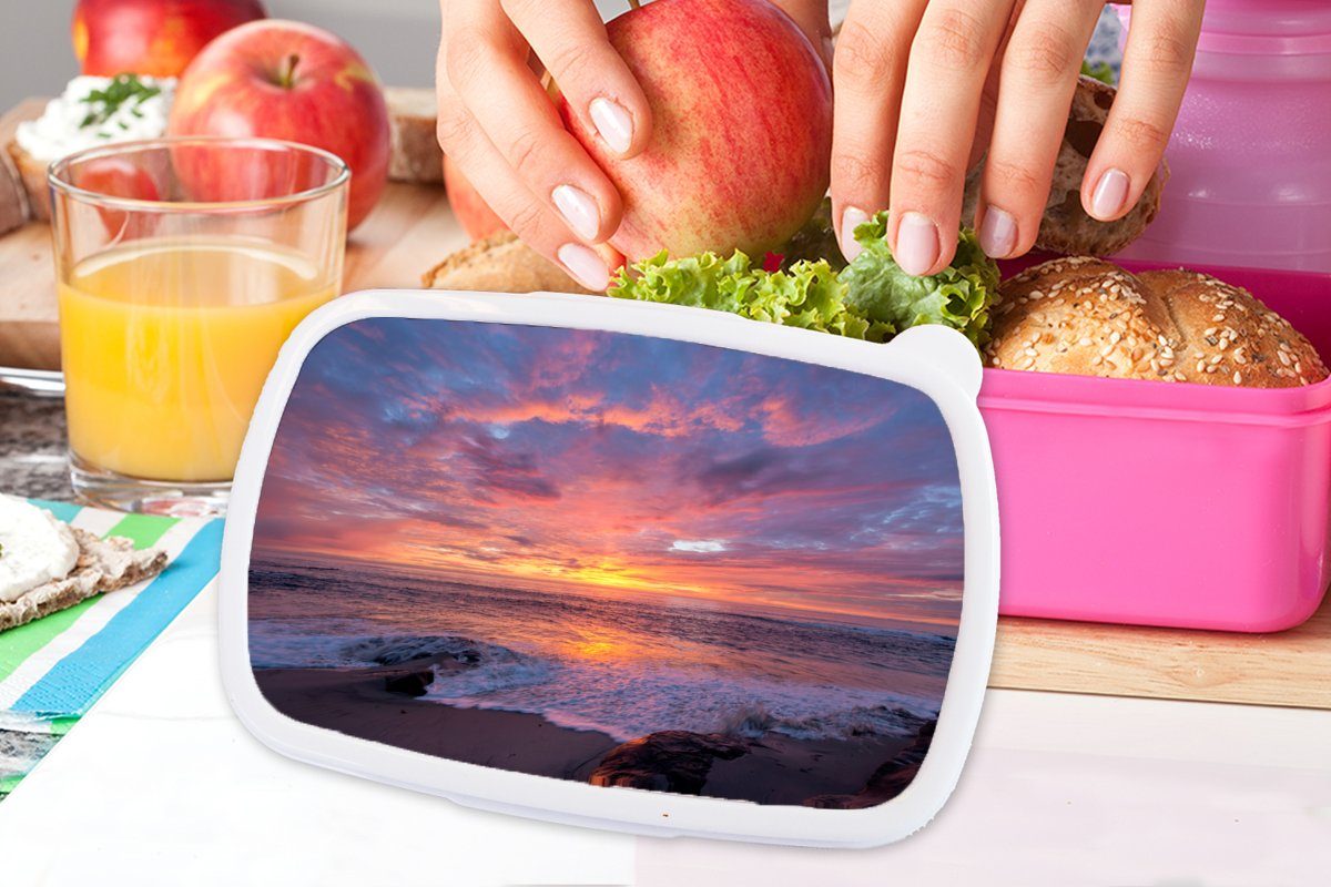 Mädchen, Brotdose - für Meer Lunchbox Brotbox Snackbox, MuchoWow Sonnenuntergang, Erwachsene, rosa Kunststoff Kinder, Kunststoff, - Strand (2-tlg),