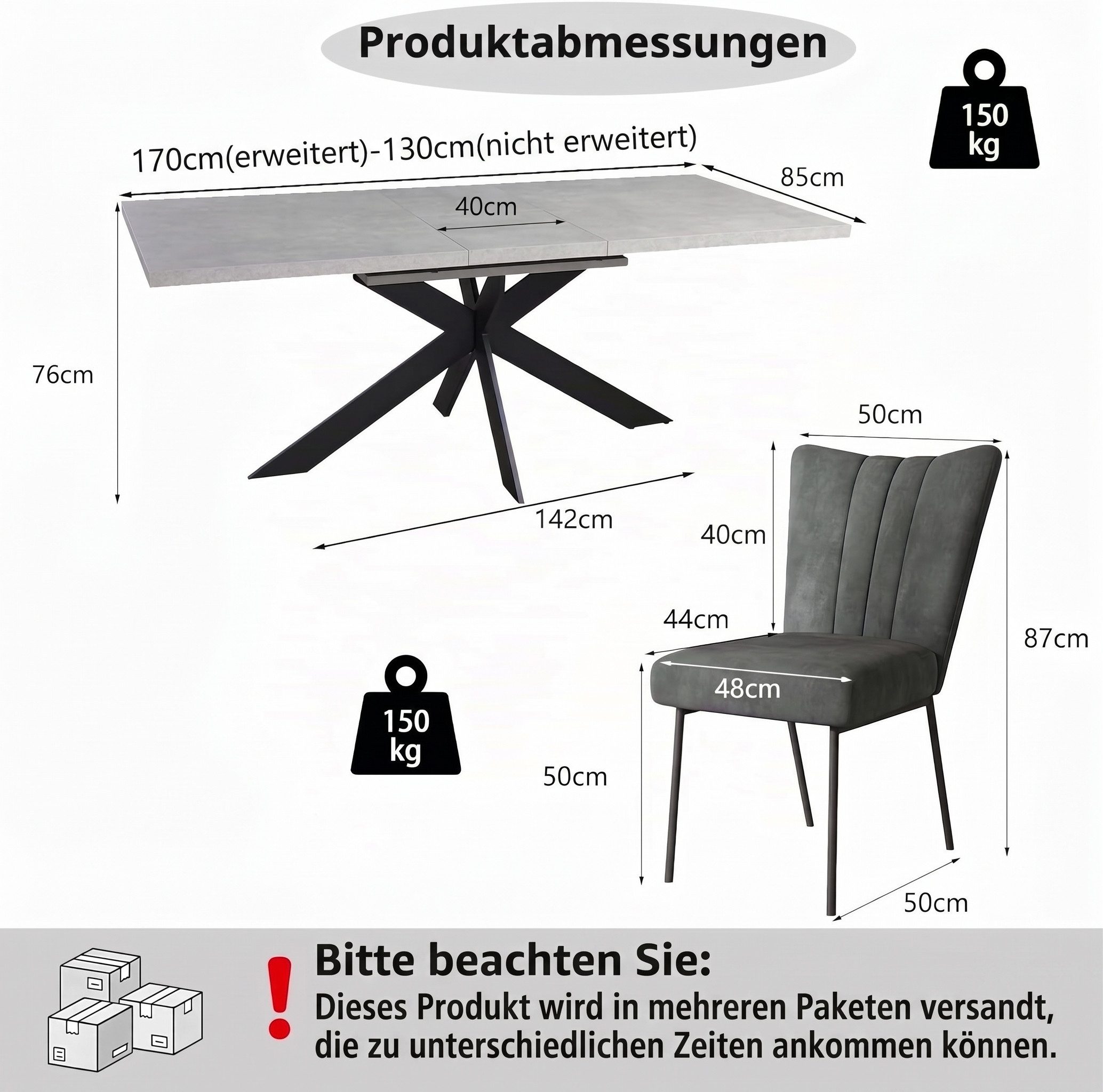 Jiexi Essgruppe Essgruppe: Ausziehtisch 130-170cm, X-Gestell, 4-6 Samtstühle – Bild 2 von 5