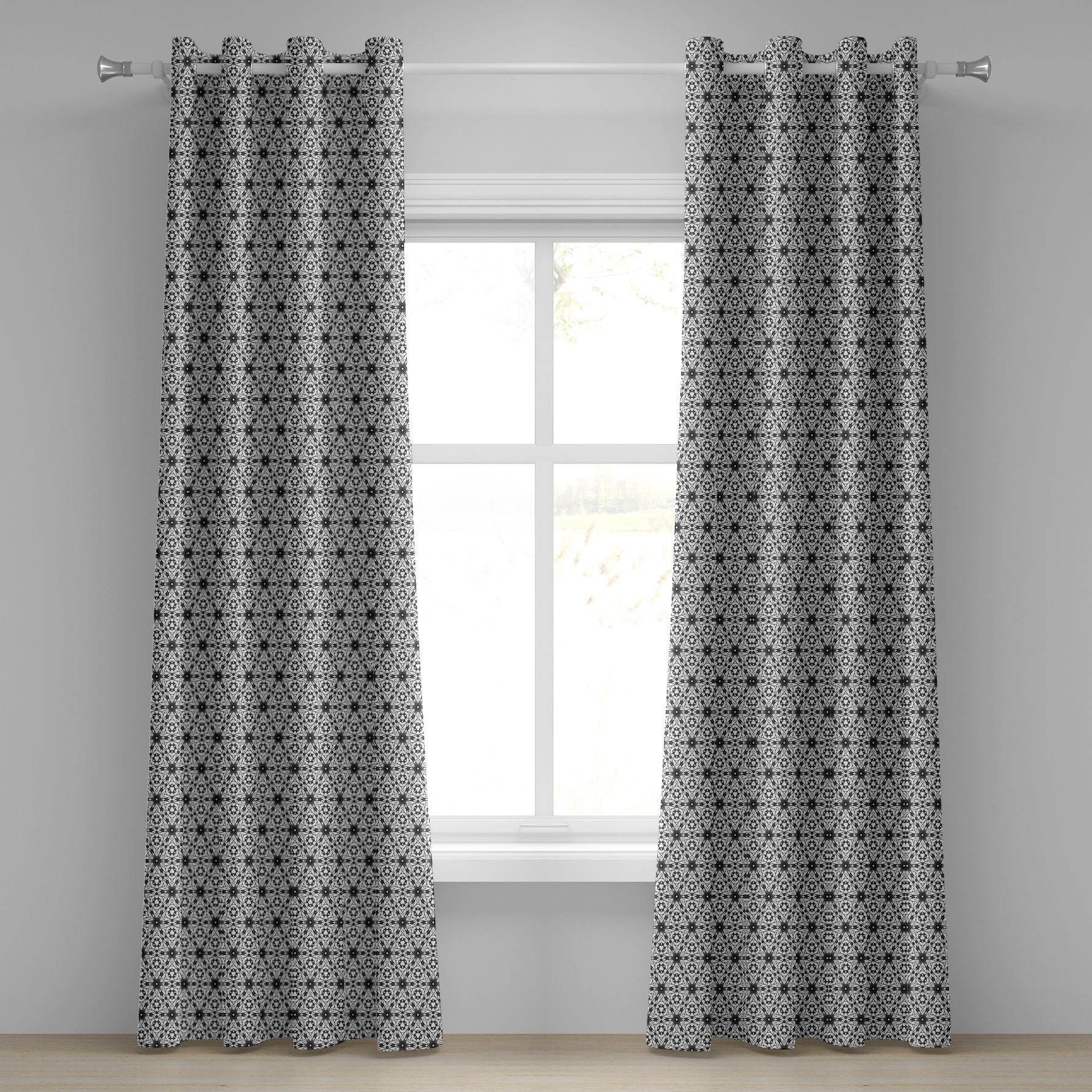 Gardine Dekorative 2-Panel-Fenstervorhänge für Schlafzimmer Wohnzimmer, Abakuhaus, Grau und Weiß Boho Blumenkunst | Fertiggardinen