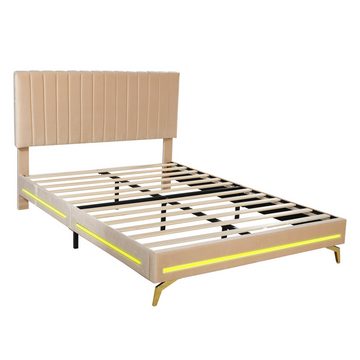 MODFU Polsterbett Funktionsbett mit LED-Leuchten und Lattenrost, Samtstoff (Doppelbett mit verstellbarem Kopfteil 140 x 200 cm), ohne Matratze