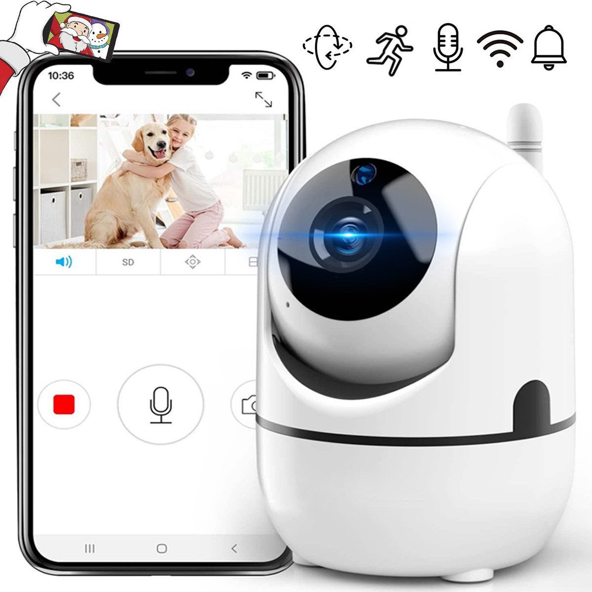 Gontence Drahtlose Smart Home Kamera 360° Baby Haustier HD Webcam Smart Home Kamera (Babyphone mit Kamera Wlan Überwachungskamera Bewegungserkennung Mit einer stabilen 2.4 GHz WIFI-Verbindung können Sie jederzeit und überall sehen, mit Gegensprechfunktion,Infrarot-Nachtsicht,Unterstützung iOS/Android)