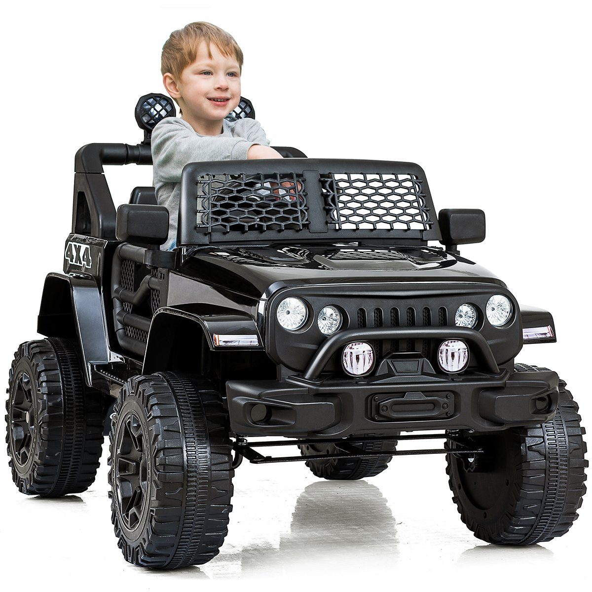 Fangqi Elektro-Kinderauto Jeep elektrisches Kinderauto,2*30W LED-Licht, 2-Gang-Softstart-Elektroauto Hupe, Schwarz mit kg, Frontlicht 12V4,5Ah Mit Belastbarkeit Batterie, Doppelmotoren, 30