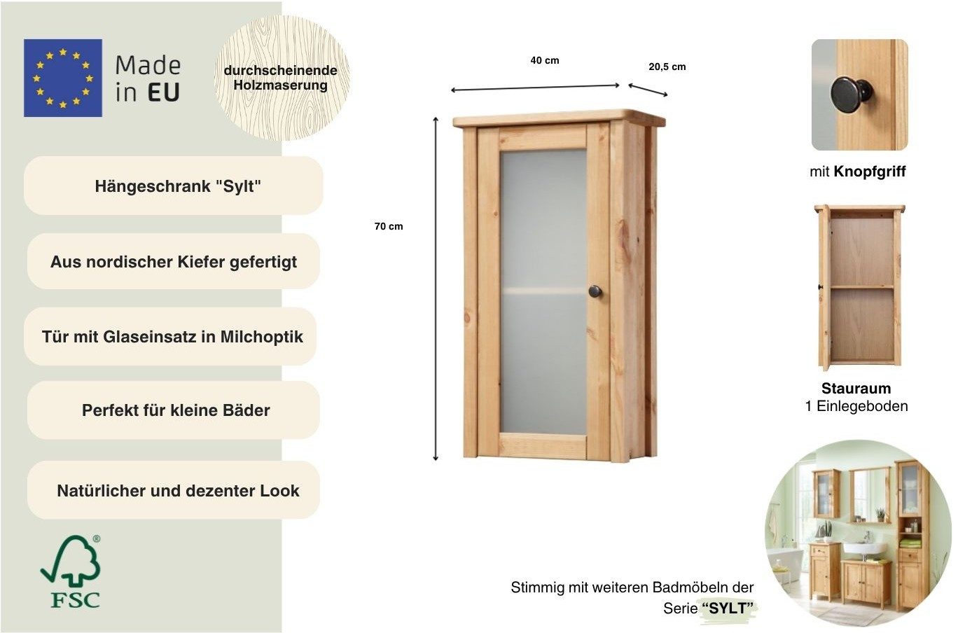welltime Hängeschrank Sylt Breite 40 cm, aus Massivholz Kiefer