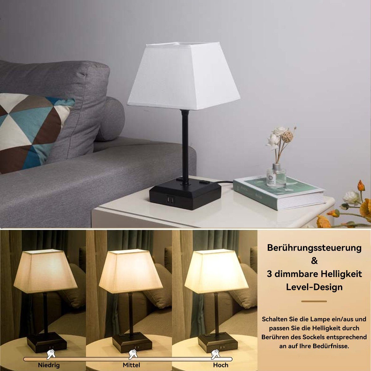 DOPWii Nachttischlampe 2 2-teilig, Stoff,Nachttischlampen-Set, mit Steckdose, Touch-Dimmung USB, E26 Glühbirnen, Lampenschirm Leuchtmittel, aus Tageslichtweiß, mit LED