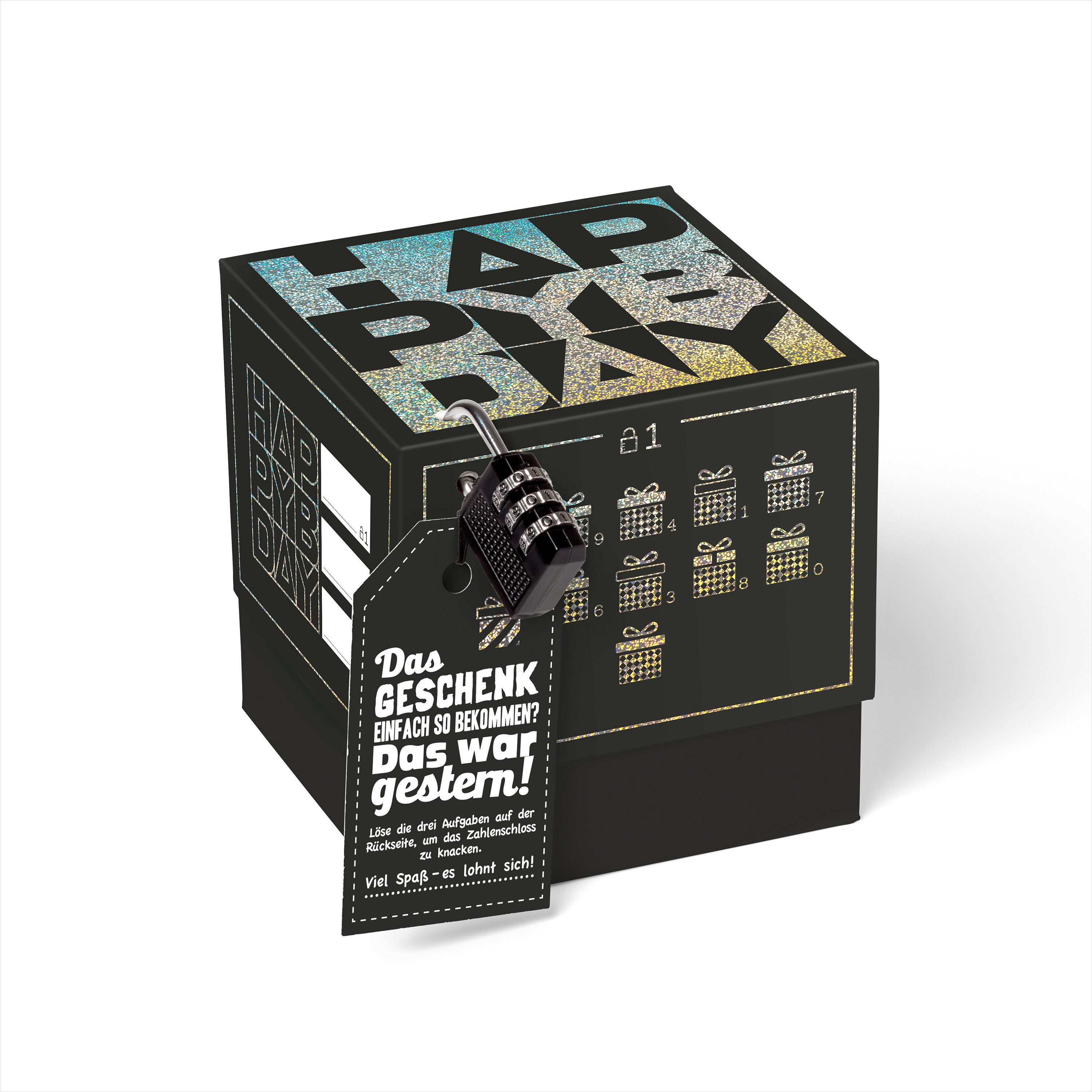 SURPRISA Geschenkbox Rätsel-Geschenkbox Happy Birthday mit Glitzer, originelle Geburtstagsbox mit Zahlenschloss zum Geburtstag