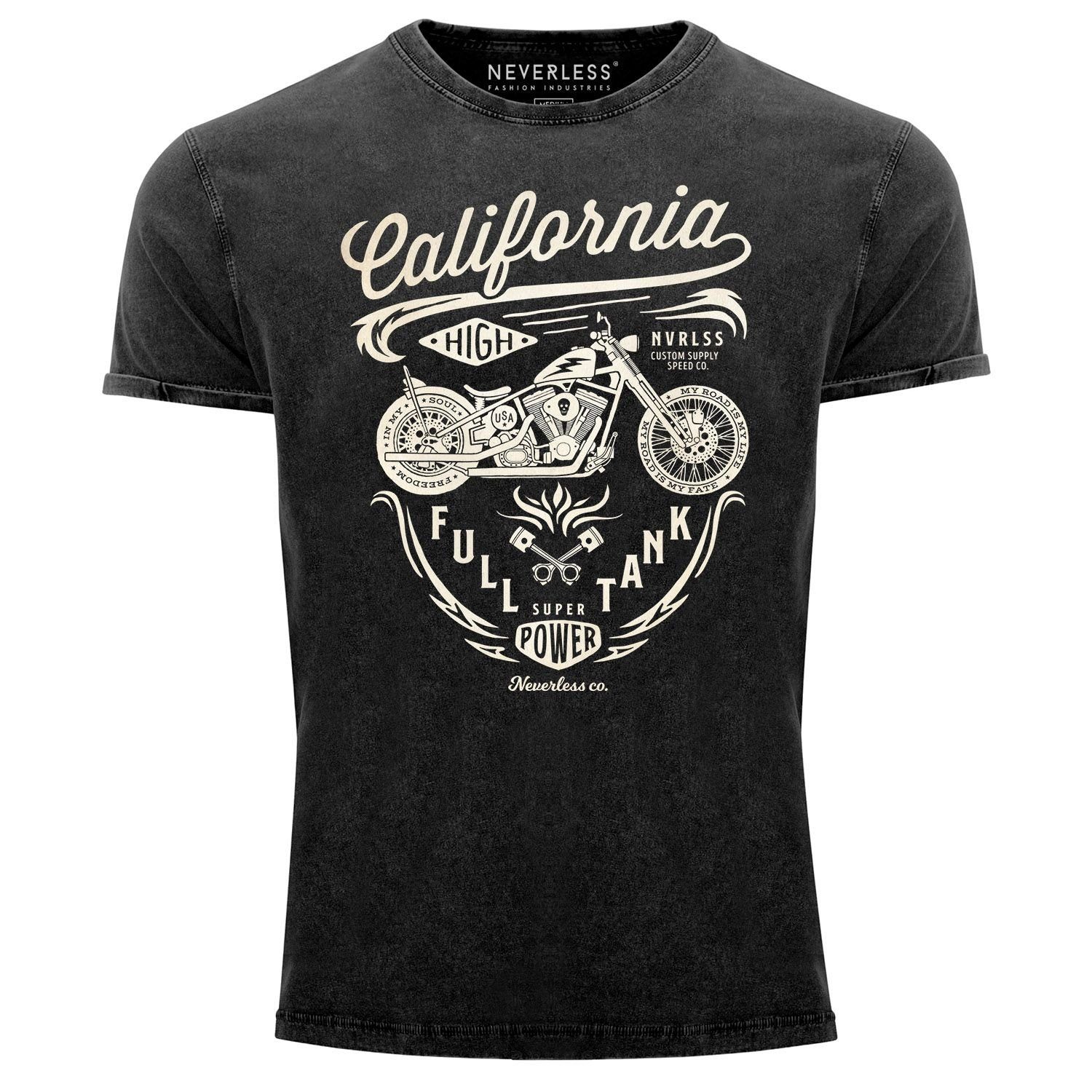 Neverless Print-Shirt Herren Vintage Shirt Biker Motorrad Schriftzug California Full Tank Used Look Slim Fit Neverless® mit Print schwarz | T-Shirts