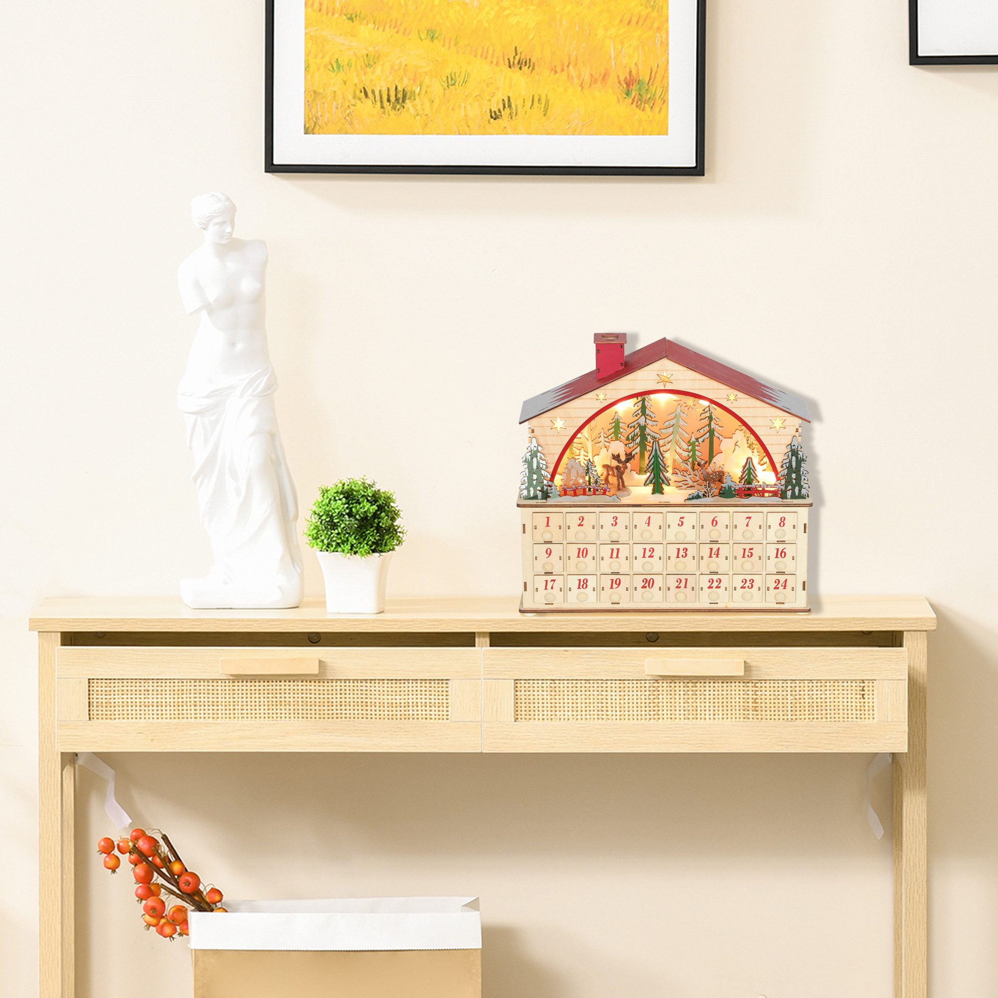 furnicato Adventskalender Beleuchteter Holz-36L x 10B x 34H cm, LED-Weihnachtskalender mit 24 Schubladen für Tisch oder Kaminsims