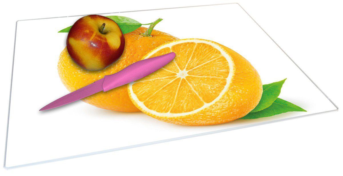 weißem Saftige 30x40cm Orangen 1-St), Wallario rutschfester ESG-Sicherheitsglas, Gummifüße (inkl. Schneidebrett 4mm, Hintergrund, vor
