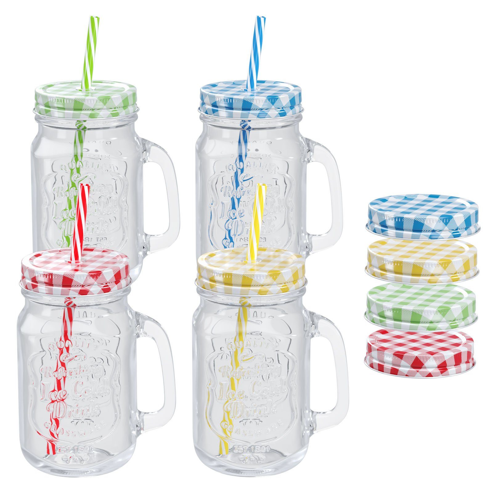Wellgro Glas Trinkgläser bunt mit Deckel 500ml + Ersatzdeckeln, 4-tlg.