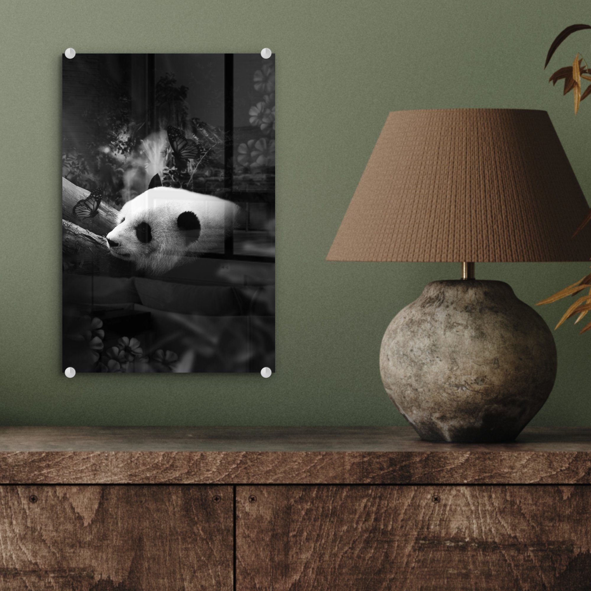 - Schmetterlingen Glas Acrylglasbild Dschungel (1 schwarz Wanddekoration Wandbild Panda St), und MuchoWow - Glas auf im - weiß, bunt mit Bilder Glasbilder auf - Foto