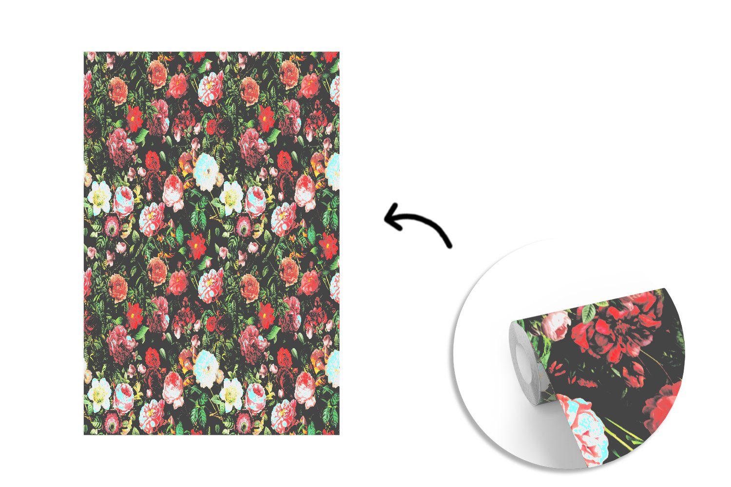 Wandtapete bedruckt, Fototapete Vinyl Matt, - MuchoWow Vintage Blumen Montagefertig - Tapete für St), Wohnzimmer, (3 Rosen,