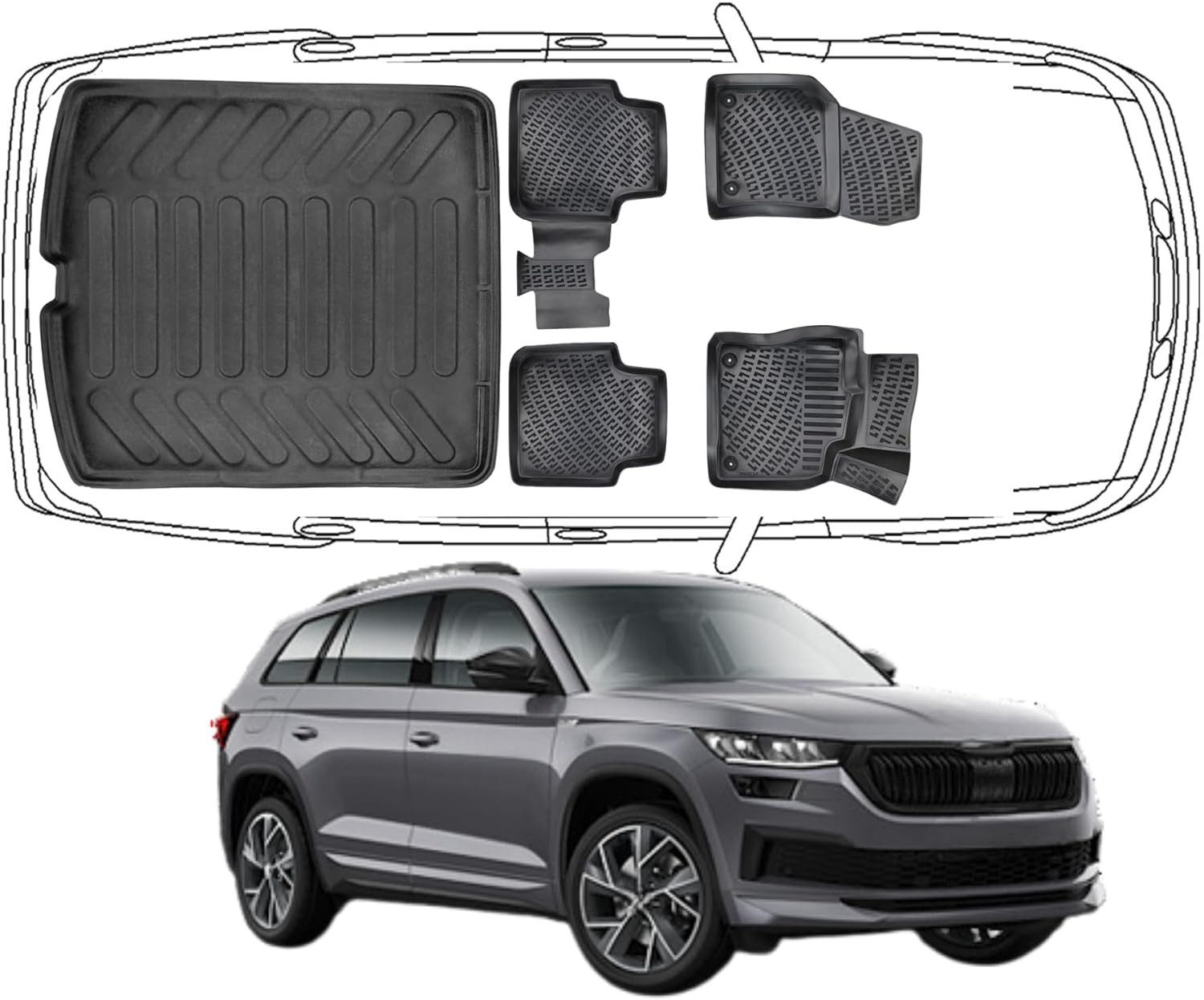 Trimak Passform-Fußmatten Oder Kofferraumwanne Oder Set Skoda Kodiaq, Skoda Kodiaq 2017-2023 Gummimatten Auto & Kofferraummatte TPE