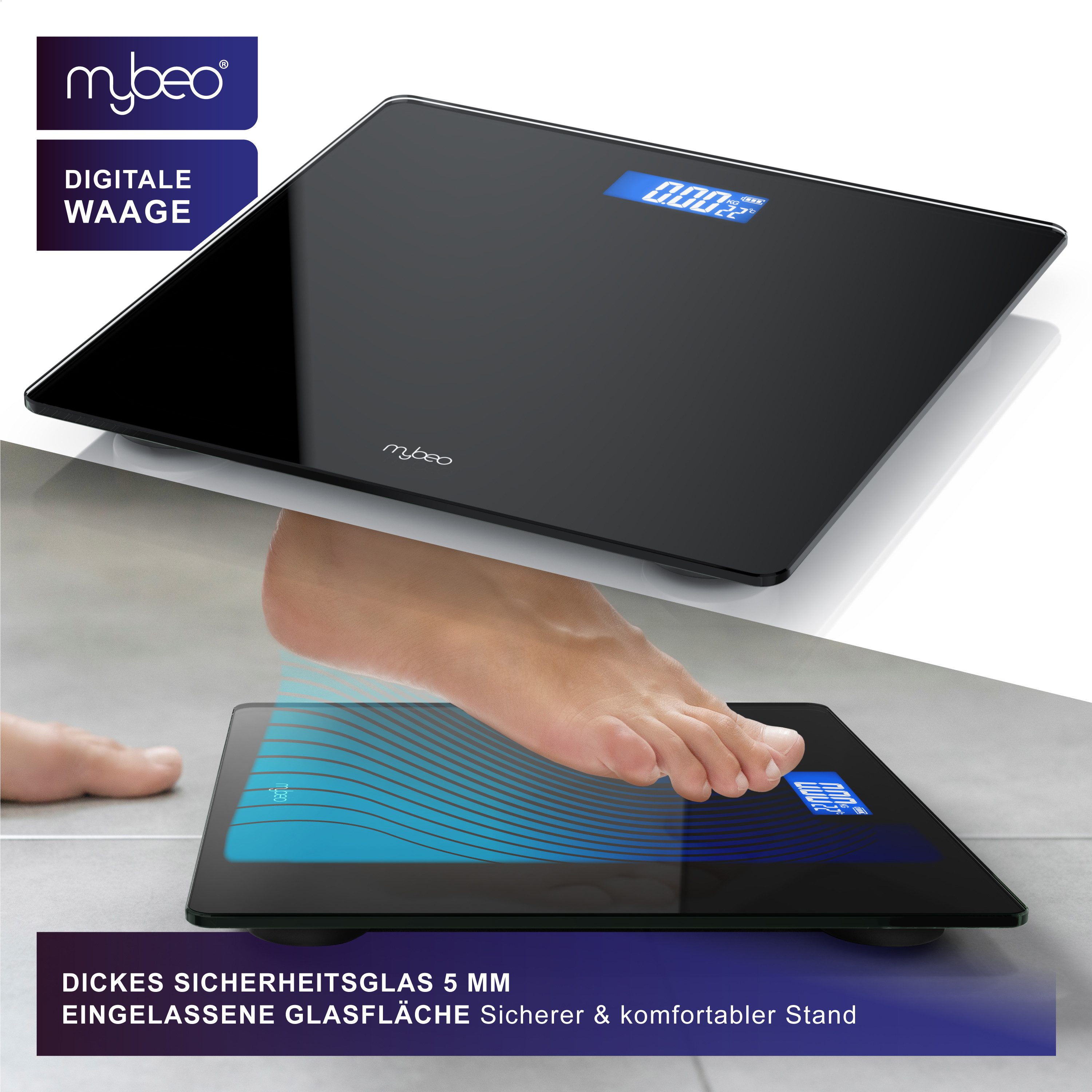 MyBeo Personenwaage digitale Waage, große Sicherheitsglas Trittfläche, Temperaturanzeige, 1-tlg., Badezimmer Digitalwaage, schmales Design, max. Belastung über  – Bild 5 von 5
