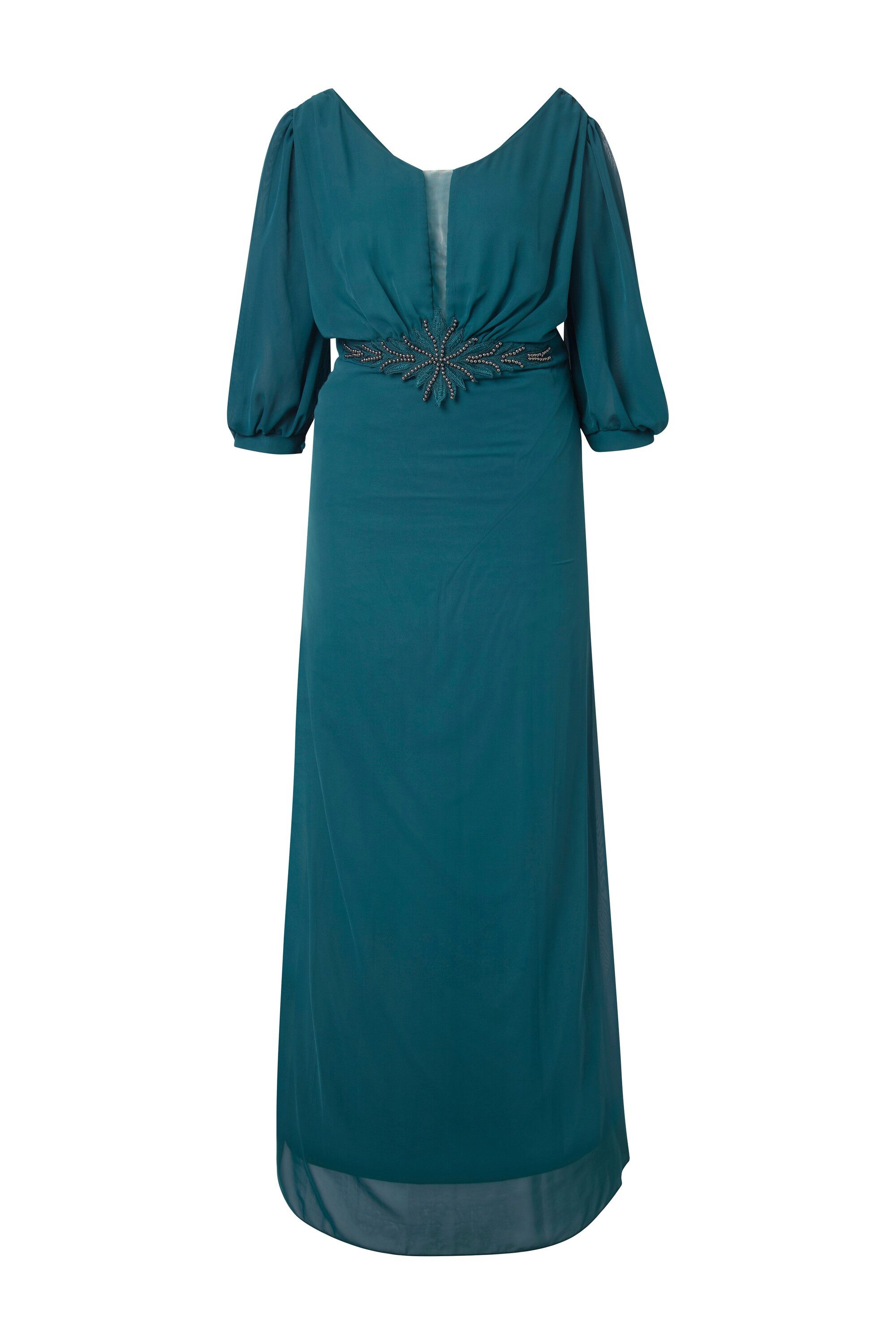 Ulla Popken Cocktailkleid Chiffon-Maxikleid doppellagig V-Ausschnitt 3/4-Ar günstig online kaufen