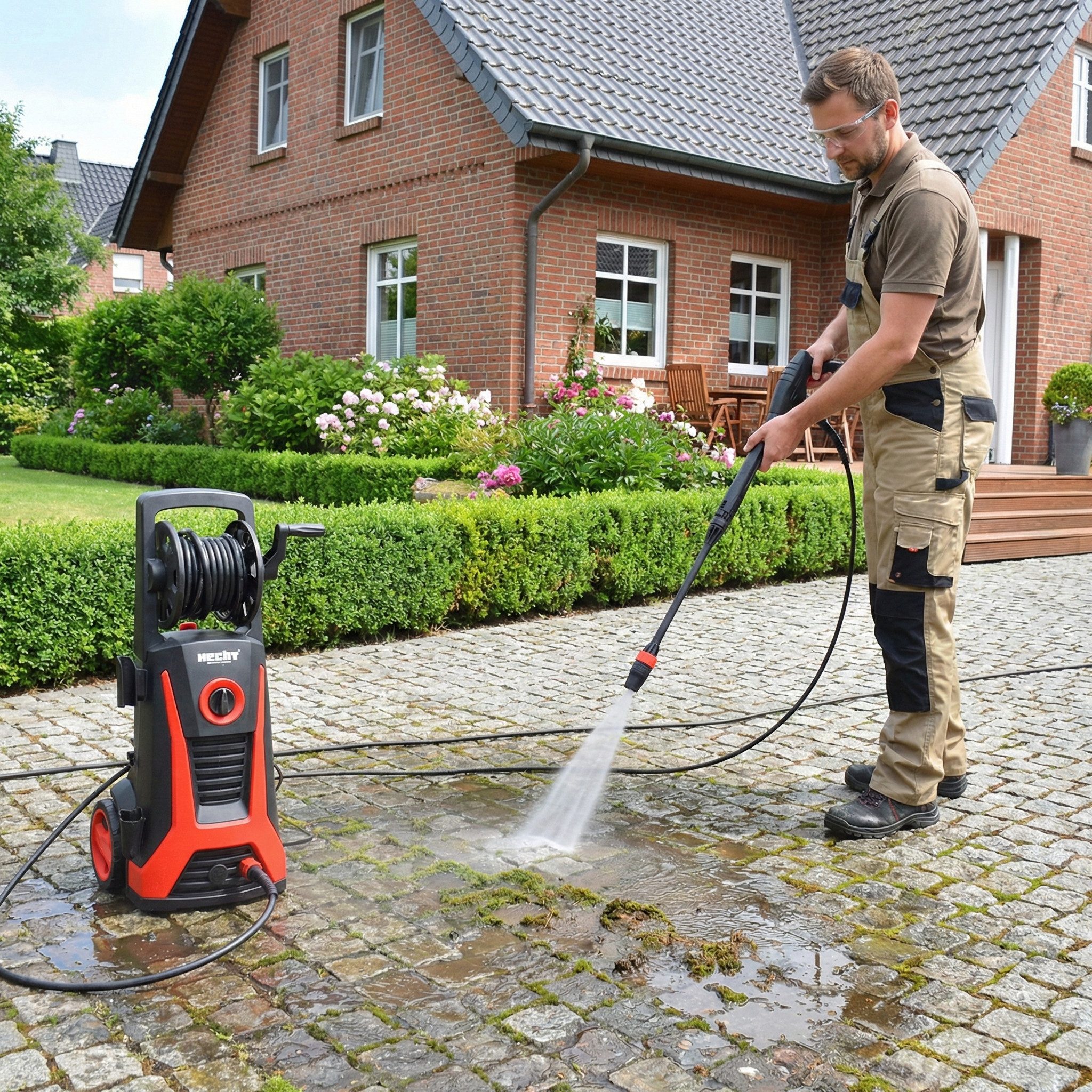 Hecht Hochdruckreiniger 2200W, 5m Kabel & Schlauch inkl. Trommel, Druck max: 165 bar, Fördermenge max: 480 l/h, Reinigungsmitteltank, Punkt- & Flachstrahl, Rollen