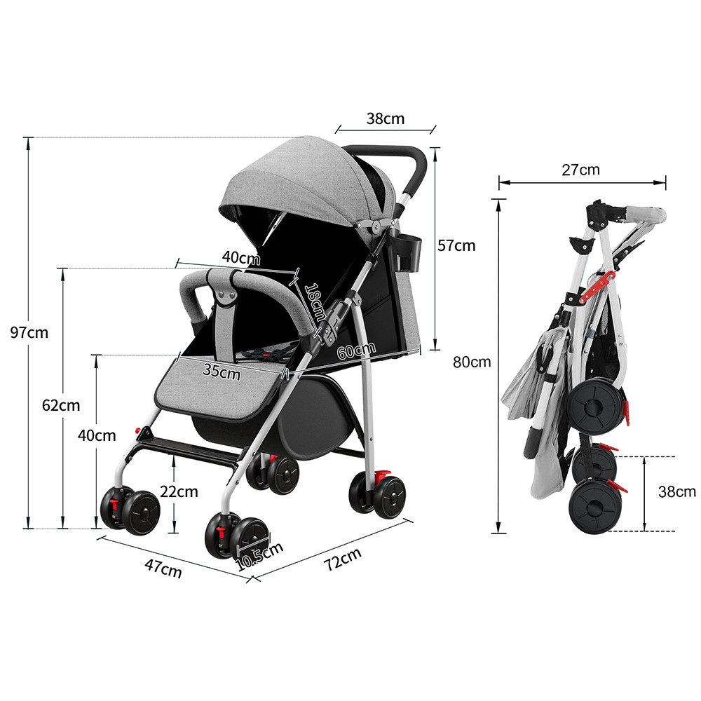 JEOBEST Kinder-Buggy Baby Kinderwagen, 0–3 Jahre, 3 Liegepositionen, flache Liegeposition, Klein Zusammenklappbar, Tasche im Verdeck, XL Korb