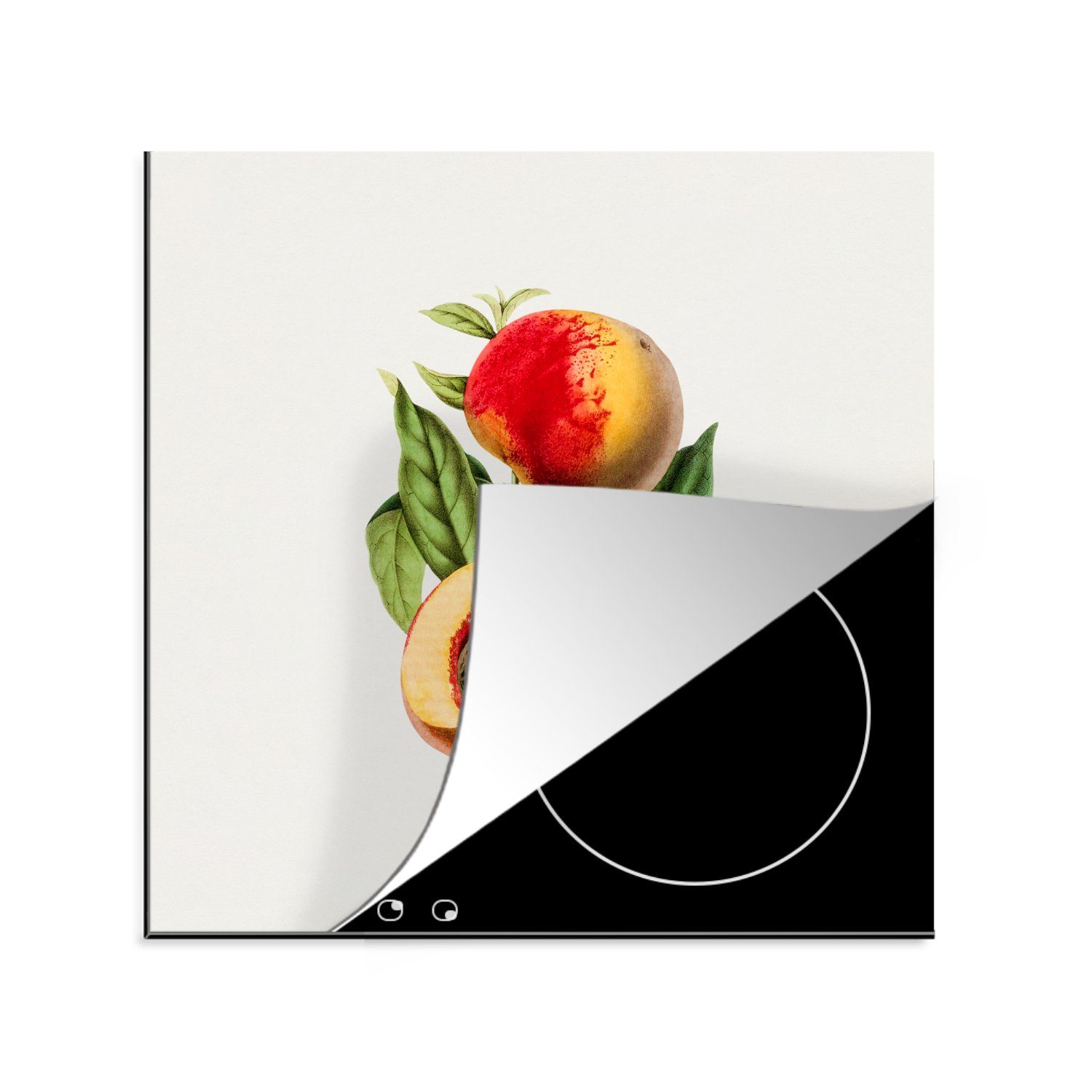 MuchoWow Herdblende-/Abdeckplatte Pfirsich - Frucht - Blatt, Vinyl, (1 tlg), 78x78 cm, Ceranfeldabdeckung, Arbeitsplatte für küche | Herdabdeckplatten