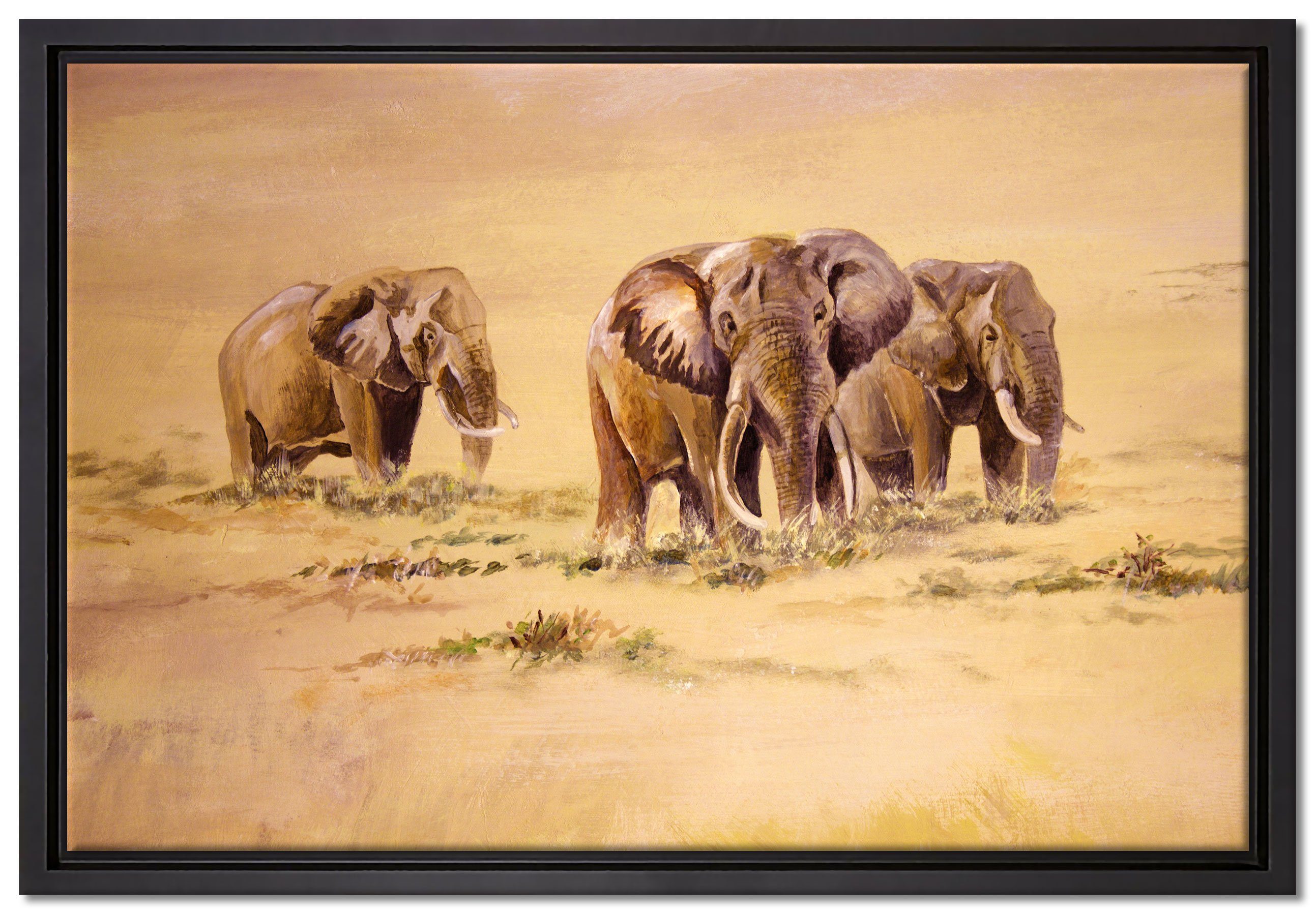 in inkl. Schattenfugen-Bilderrahmen Südafrika, in Zackenaufhänger Wanddekoration gefasst, fertig Leinwandbild einem bespannt, Leinwandbild Pixxprint Elefanten St), (1