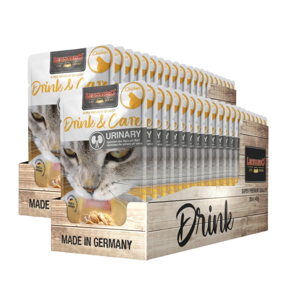 Leonardo Catfood Drink Care Urinary Chicken - mit Hühnerbrühe und Hühnerfleisch 2x20x40g, Nassfutter für: Katzen