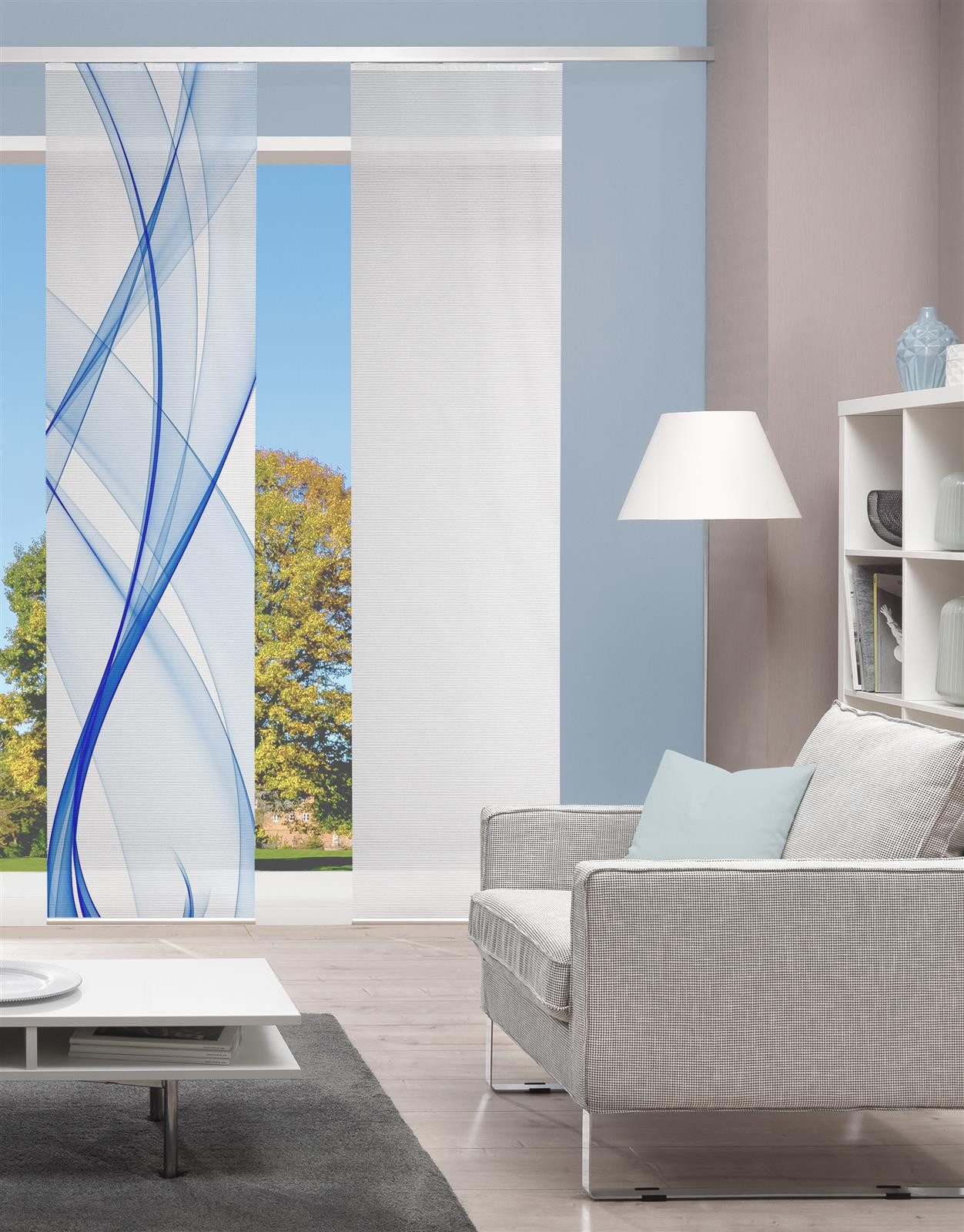 Vision S Schiebegardine Vision S Schiebevorhang Bambusoptik Digitaldruck Pacolia 260x60 cm Bl (1 St), Kunstfaser, 1x Schiebewand inkl. Paneelwagen und Klemmleiste Blau
